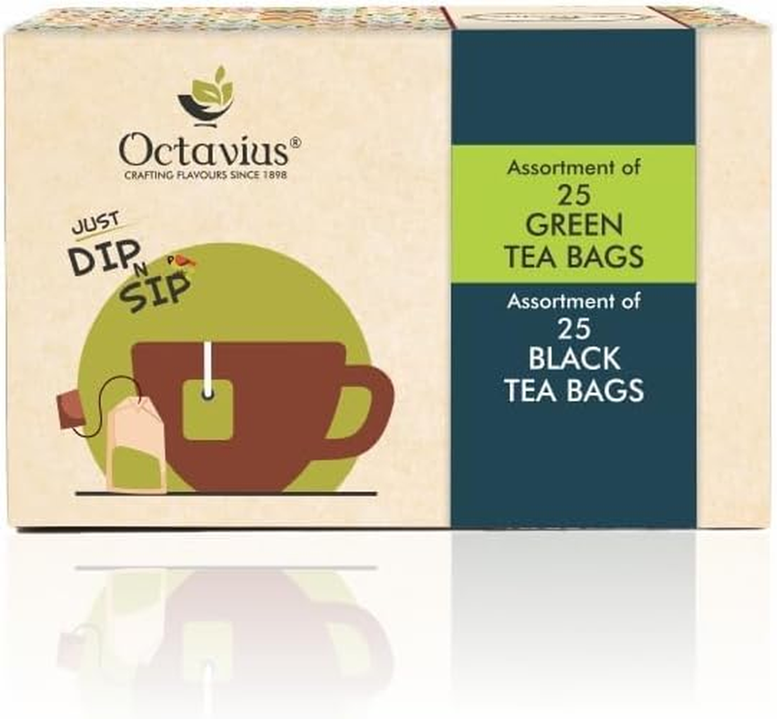 Octavius, Assorted Tea Sampler Gift Set (6 Flavors, 50 Tea Bags) | Black & Green Tea Sampler Pack | Tea Gift Set | Pack of 1 image number 1
