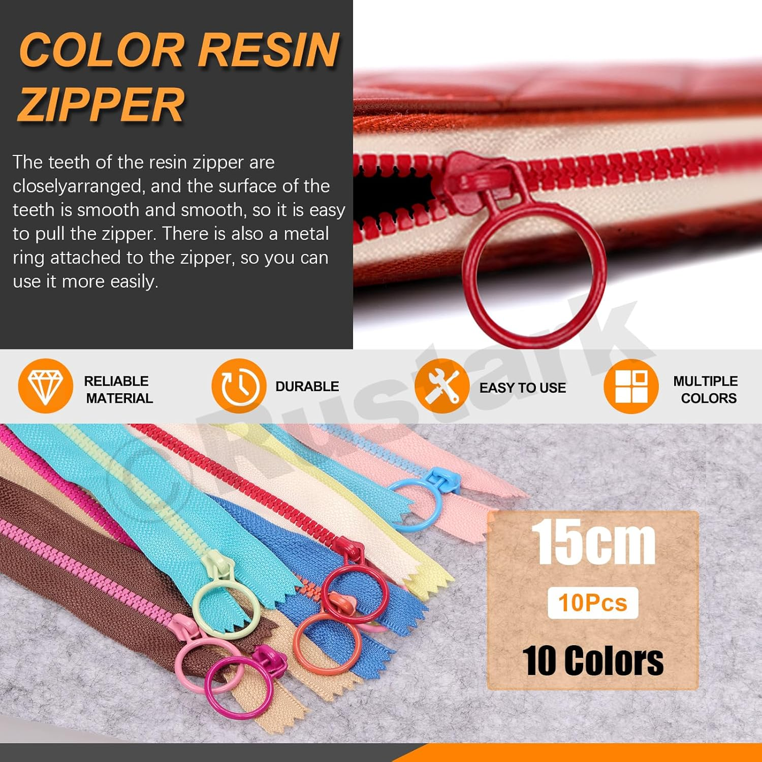 Rustark 12Pcs 6Inch/15Cm 10 Colors Nylon Resin Zipper Assortment Kit with Scissor Ruler Zippers with Lifting Ring Pull Resin Zipper Nylon Plastic Zippers Coil Zipper for DIY Sewing Craft Bags Clothing image number 3