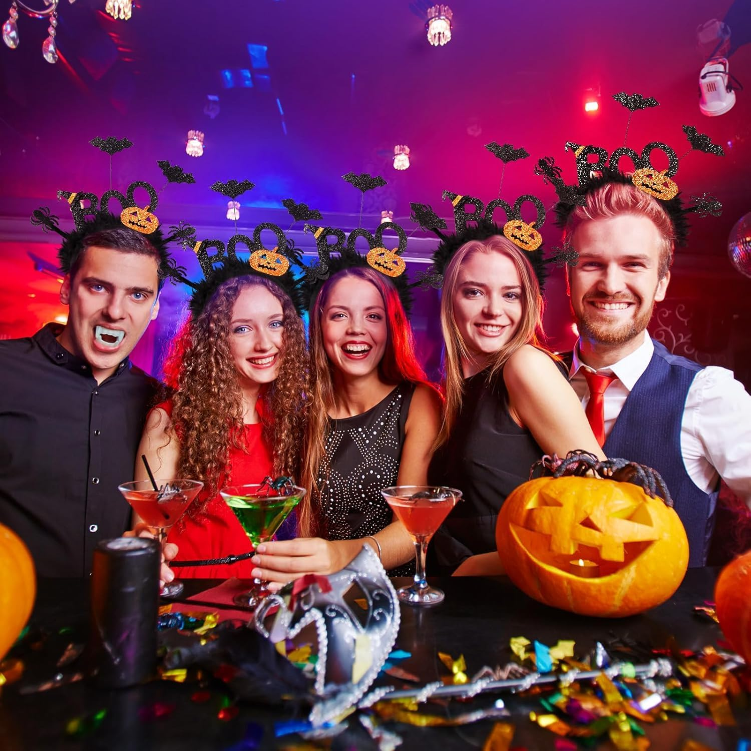 Halloween Bat Headband - Glitter BOO Headband with Adjustable Bats, Pumpkins & Witch Hat - Elastic Spooky Hair Hoop for Women, Kids & Adults - Halloween Party, Cosplay & Costume Accessories image number 1