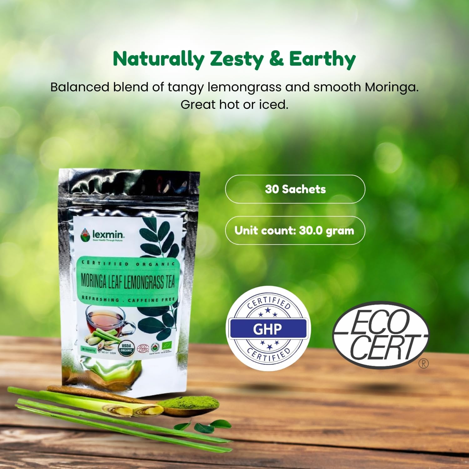 Moringa Leaf Lemongrass Tea, Herbal Infusion with Natural Antioxidants and Essential Nutrients, Plant-Based, Caffeine-Free, Vegan-Friendly, 30 Herbal Tea Bags image number 2