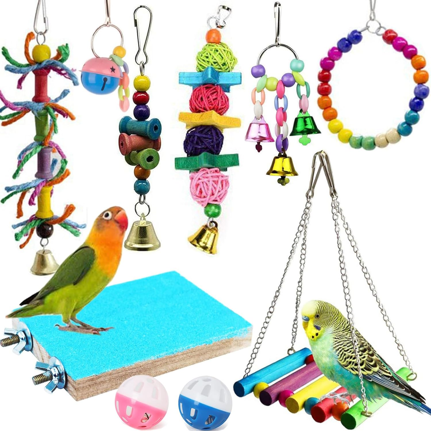 Bird Parrot Toys Set, 10 Pack Swing and Chewing Hanging Perches with Bells, for Lovebird Budgie Cockatiels Macaws Finches image number 2