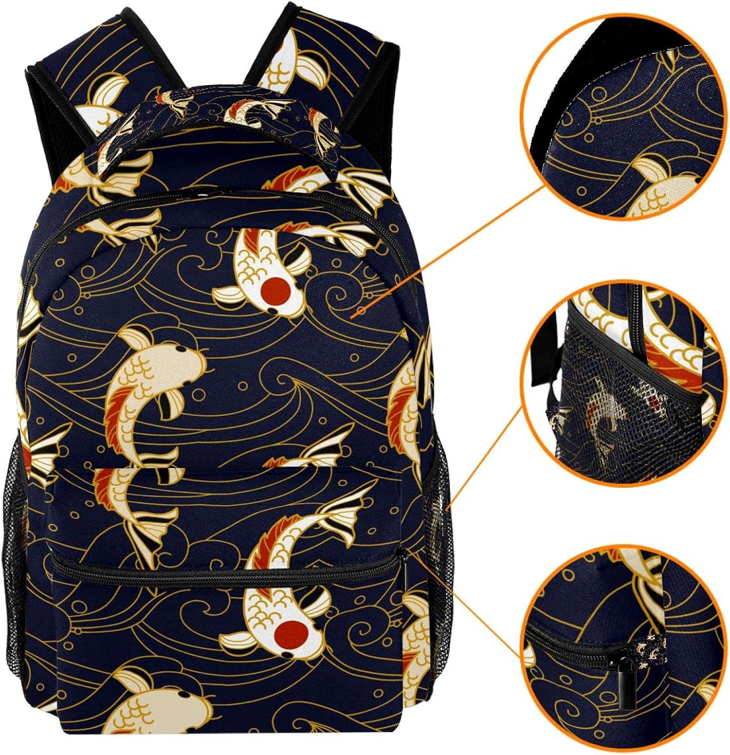 Koi Fish and Waves in Japanese Style Backpack Students Shoulder Bags Travel Bag College School Tote Backpacks image number 4