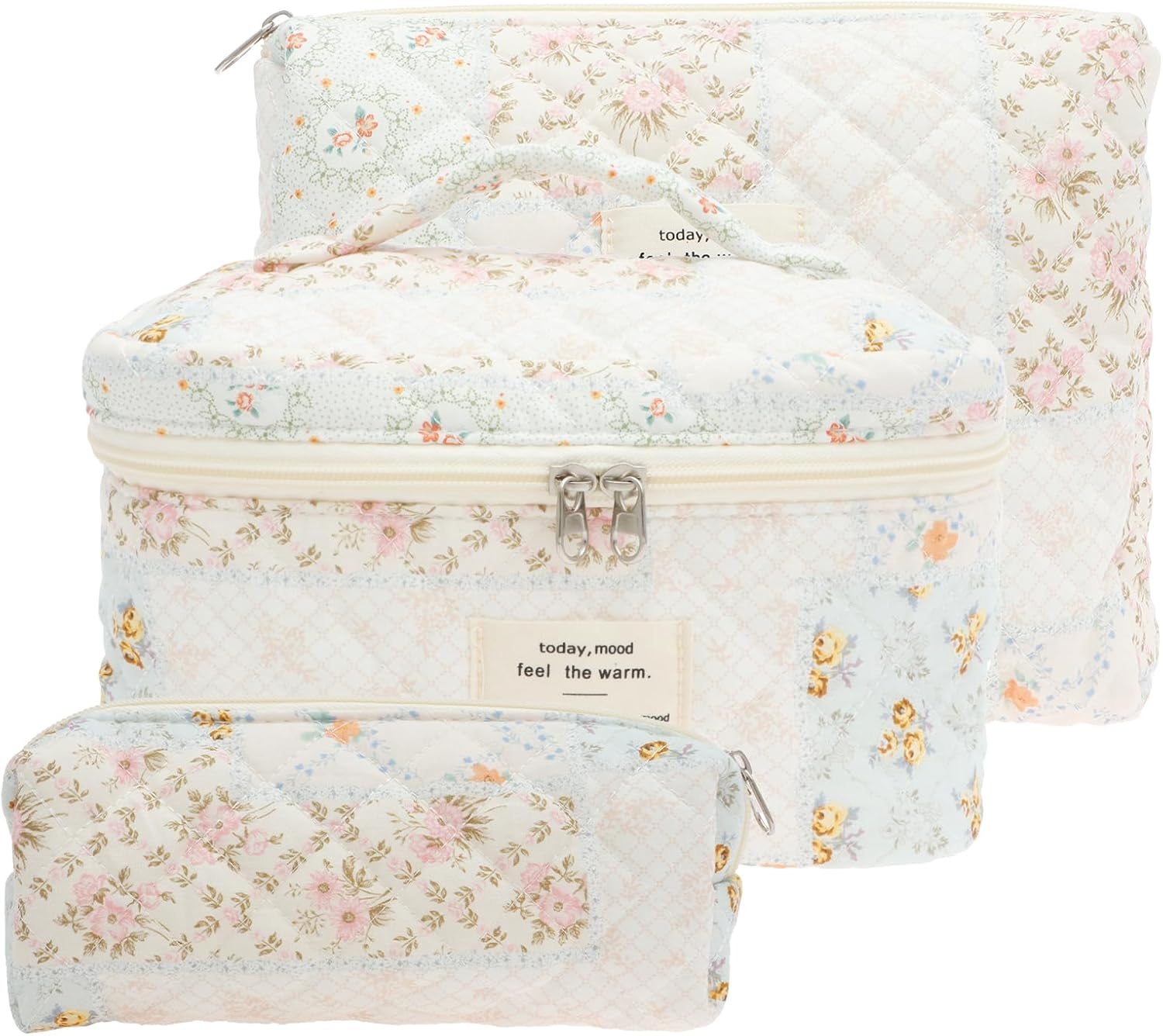 3 Pcs Makeup Bag Cosmetic Bag Cute Cotton Large Quilted Travel Makeup Pouch Multifunctional Cosmetic Pouch Set for Women Girls Ladies (Pink)