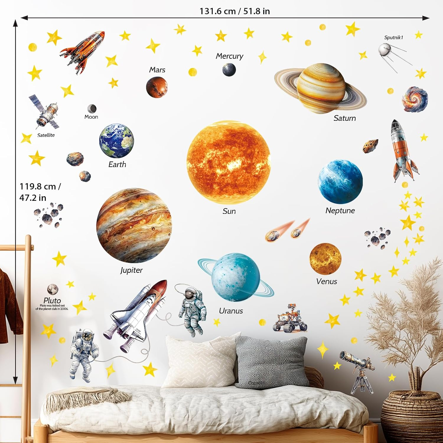 DECOWALL DS12-8077 Solar System Wall Stickers Peel and Stick Removable Nursery Kids Room D&eacute;cor Stars Bedroom Boys Girls Planet Space Playroom Earth Moon Galaxy image number 3