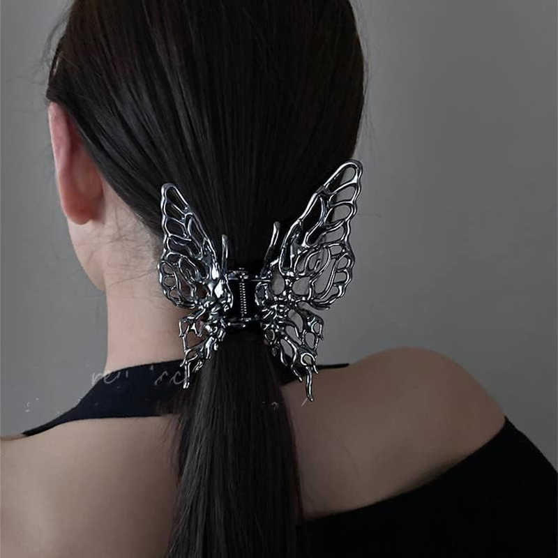 Silver Butterfly Openwork Metal Hair Clips for Women Large Hair Claw Clips for Thick Hair Vintage Geometric Headband Women Girls Non-Slip No Broken Strong Hold Hair Clamps Hair Accessories image number 2