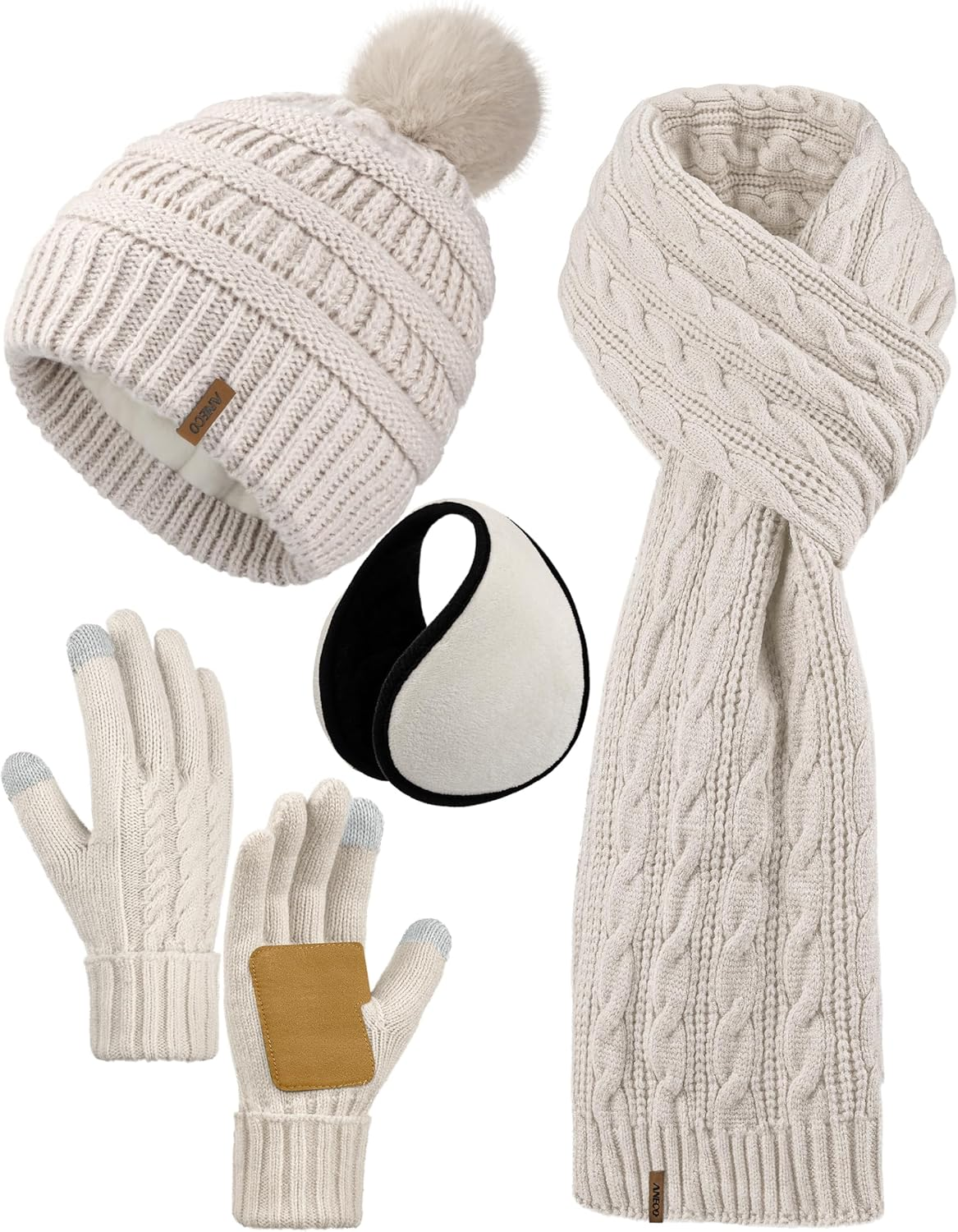 Aneco 4-In-1 Women Winter Beanie Hat Scarf Touchscreen Gloves Ear Warmer Set Fleece Lined Warm Knit Skull Cap with Pom Pom - Burgundy image number 2