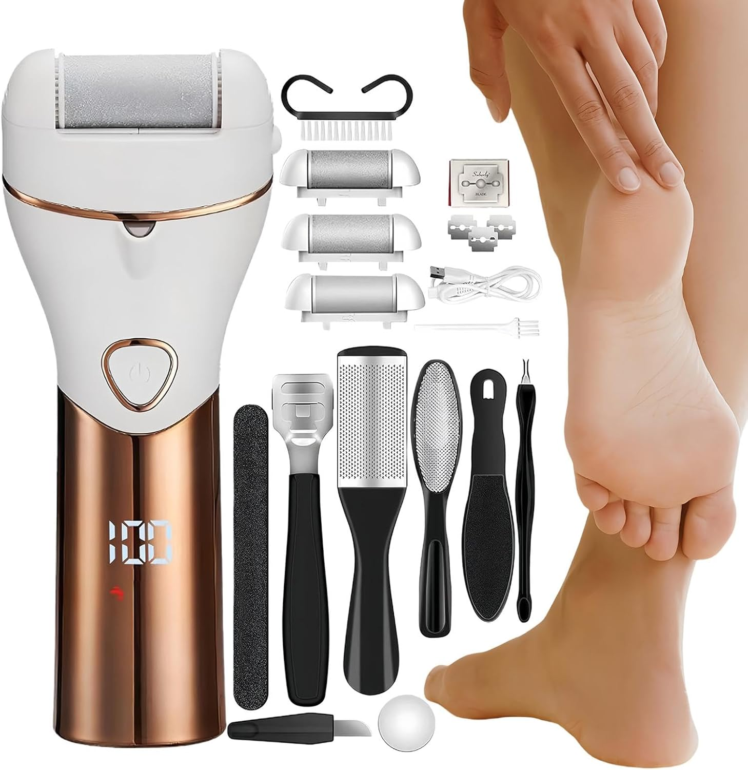 Foot File Callus Remover | Rechargeable Foot Scrubber Dead Skin Remover,Calloused Feet Remover Tool, Foot Care Kit for Thick Calluses, Rough Skin, Cracked Dry Skin