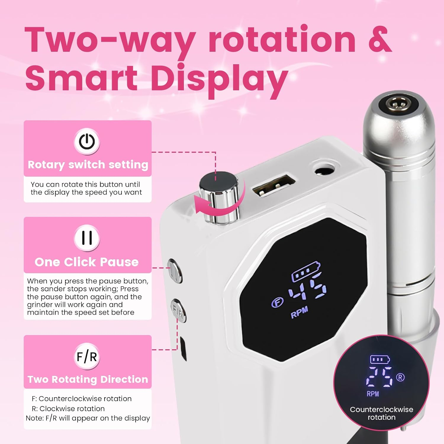 45000RPM Professional Cordless Nail Drill Electric Machine Portable Low Noise Nail Filer Electric with Efile Bits & Base for Acrylic Nails, Nail Buffer Machine for Salon Home image number 3