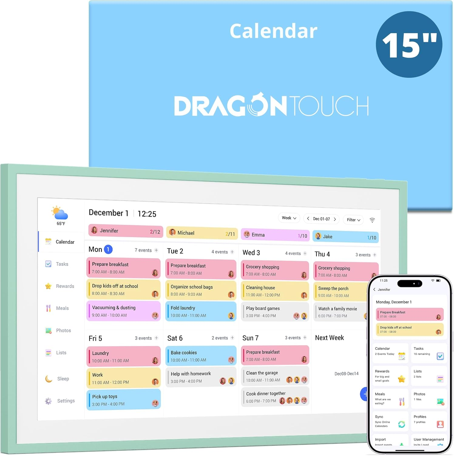 Dragon Touch 15.6" Digital Calendar Chore Chart &ndash; 1080P Full HD Interactive Touchscreen, 2026 Smart Family Planner, Hearth Display Digital Calendar Wall & Desk Mountable for Seamless Scheduling with AU Adapter
