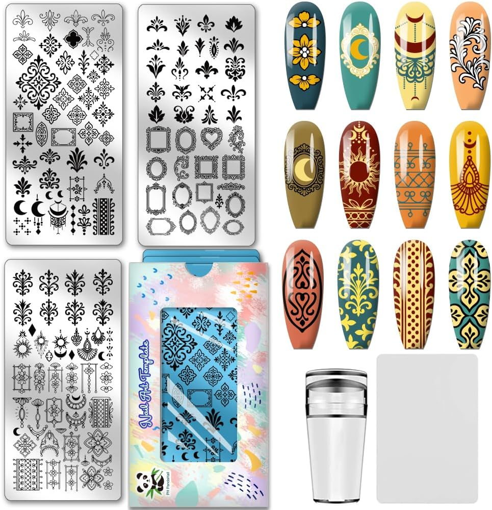 PH Pandahall 3 Pieces Vintage Decoration Pattern Nail Stamping Plate Vintage Picture Frame Flower Print Art Template Stainless Steel Nail Picture Plate Set for Women DIY Print Decoration 12 X 6 Cm image number 1