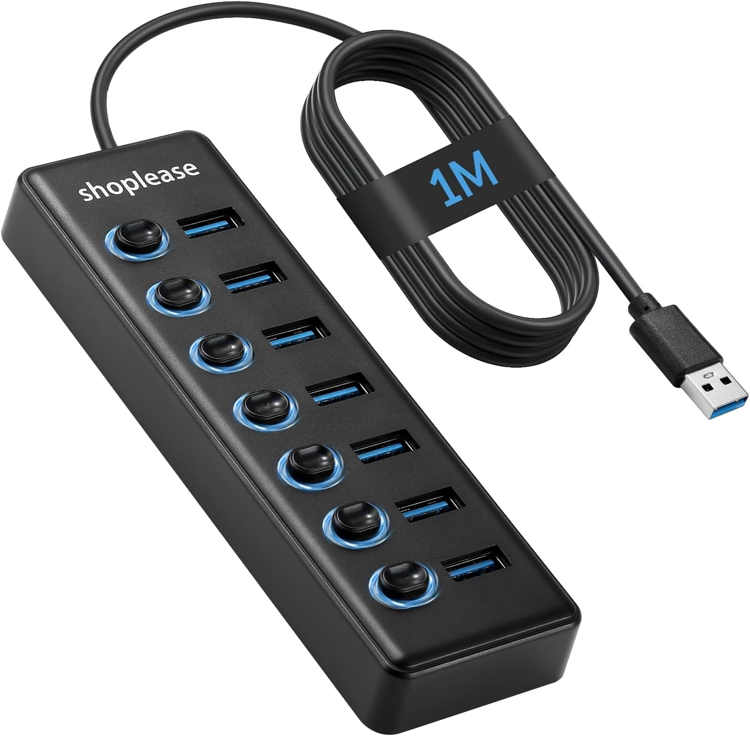 USB 3.0 Superspeed Hub with 1M Line, 7 Ports Splitter with Individual Power Switches and LED Light