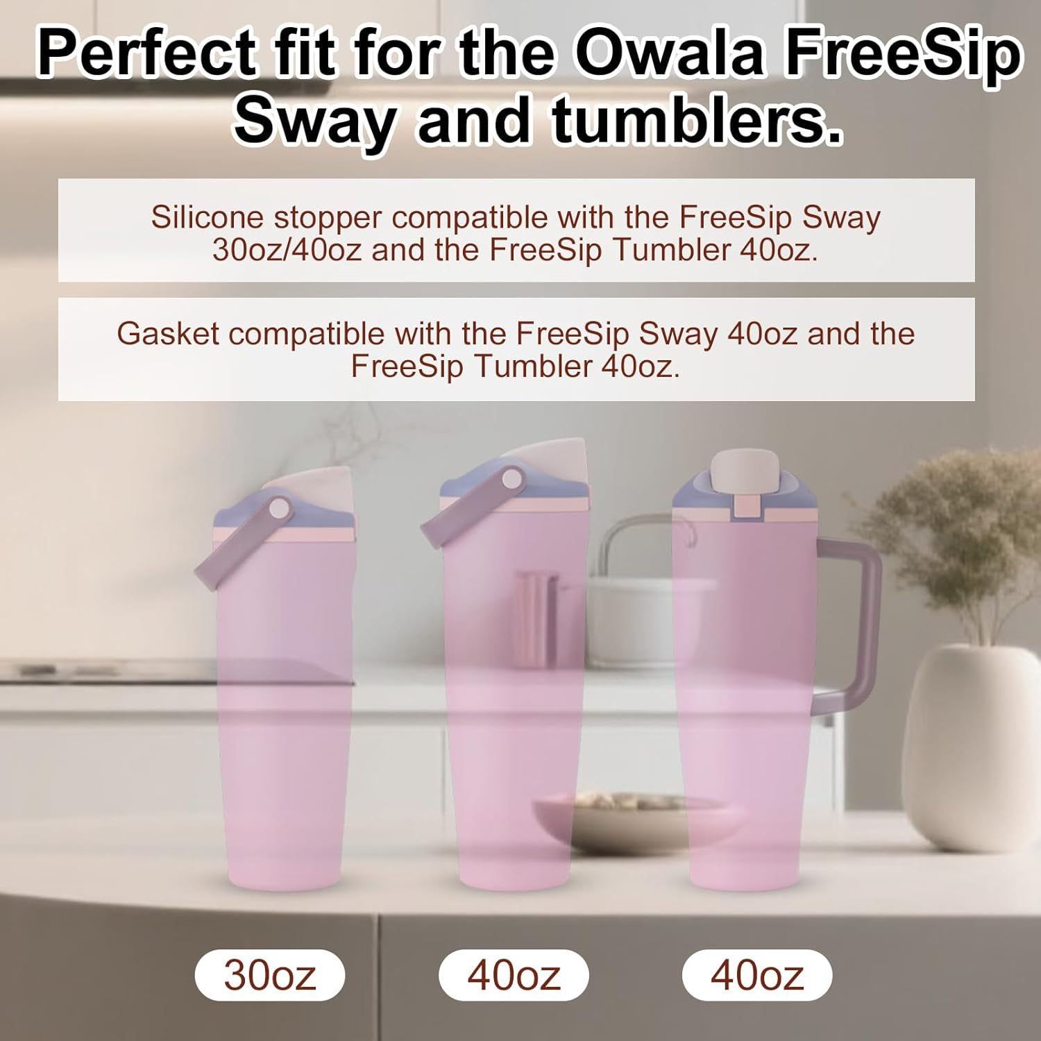 Leak-Proof Stoppers and Gaskets Set, 2Pcs Stoppers for Owala Freesip Sway 30Oz 40Oz and 2Pcs Gaskets for Owala Freesip Sway/Tumbler 40Oz Grey Silicone Sports Water Bottle Accessories
