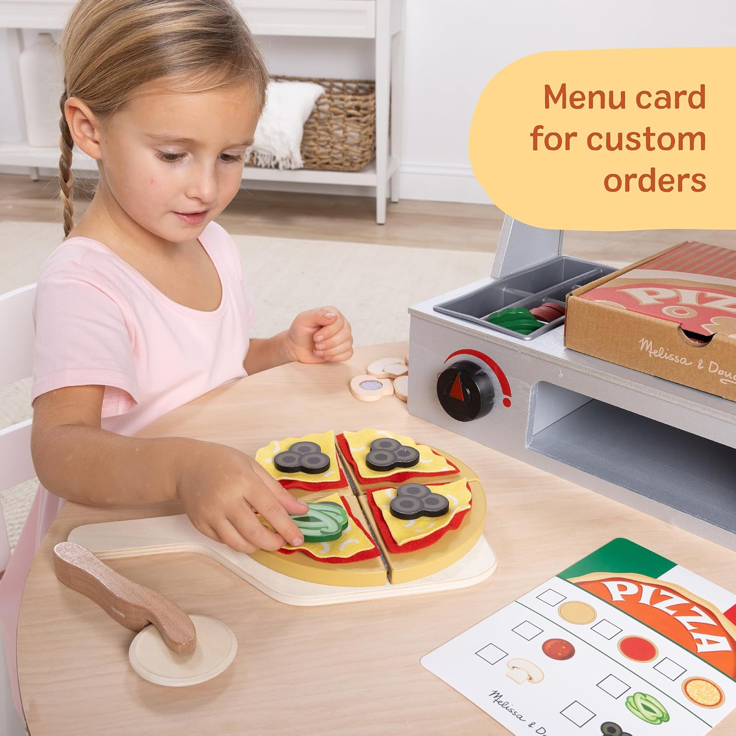 Melissa & Doug Top & Bake Wooden Pizza Counter Play Set &ndash; 34‑Piece Pretend Pizza Shop with Oven, Menu & Money &ndash; Ages 3+ image number 4
