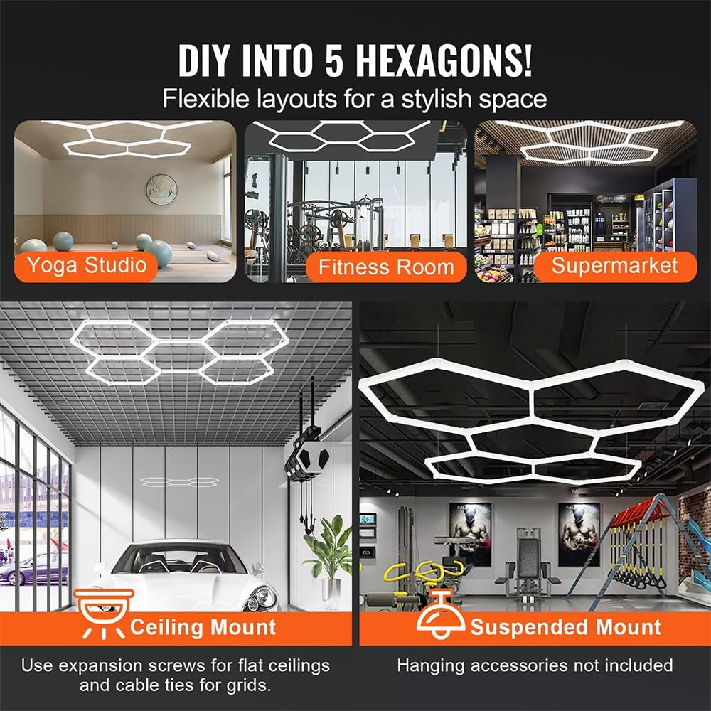 5 Grids Hexagon LED Garage Lights&mdash;24 Pack 26400LM Super Bright LED Honeycomb Shop Ceiling Light for Warehouse Workshop Gym Basement Car Care Wash Room﻿ image number 4