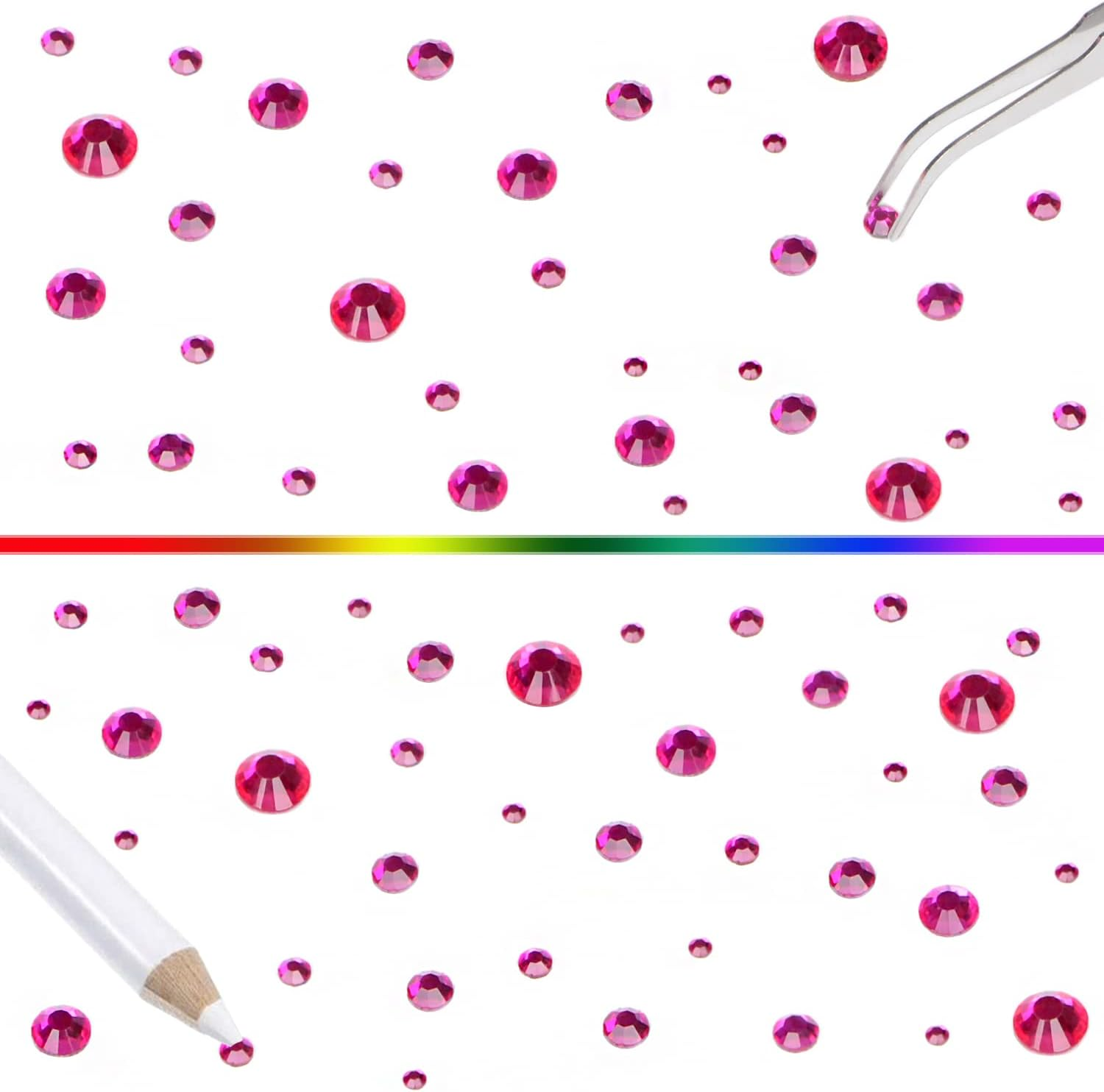 QOGIR 6300Pcs Fuchsia Hotfix Rhinestones for Crafts Clothes DIY with Tweezers and 2 Picking Pens Mixed Size Flatback Rhinestone image number 7