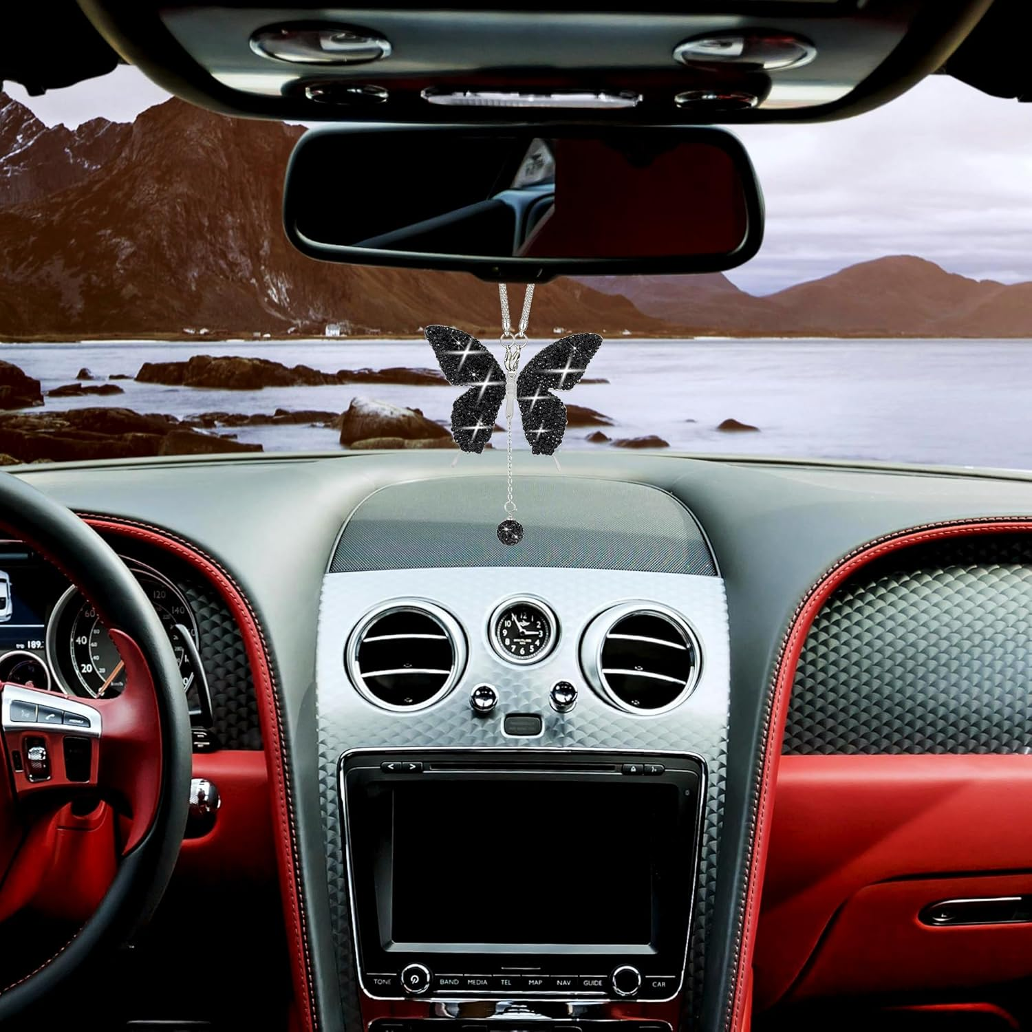 Couslcd Bling Butterfly Diamond Car Accessories, Crystal Car Rear View Mirror Charms for Women, Car Decoration Lucky Hanging Interior Crystal Ornament Pendant Decor for All Cars (Black) - Black image number 4