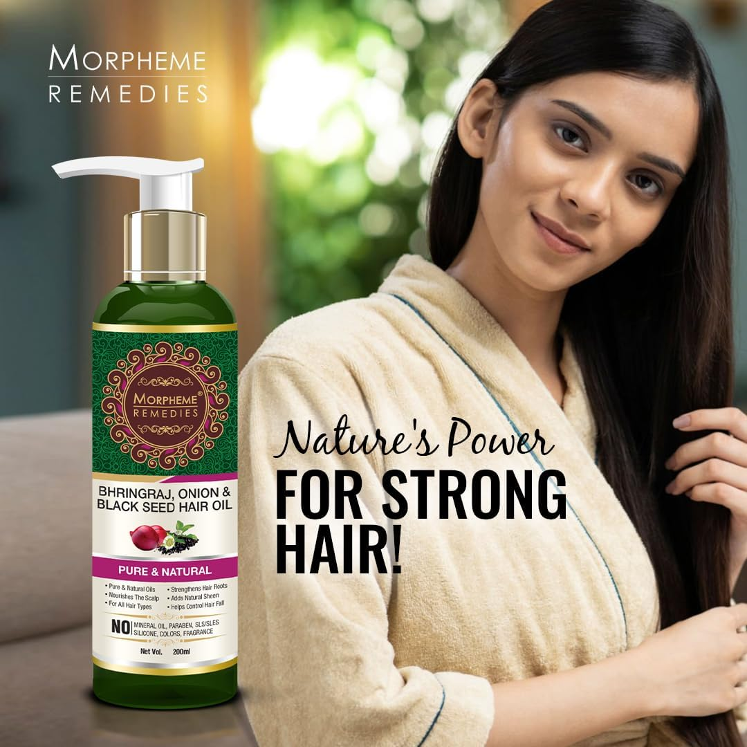 Morpheme Remedies Bhringraj, Onion & Black Seed Hair Oil - Promotes Hair Growth - Controls Hair Fall - No Mineral Oil & Silicones - 200Ml image number 2