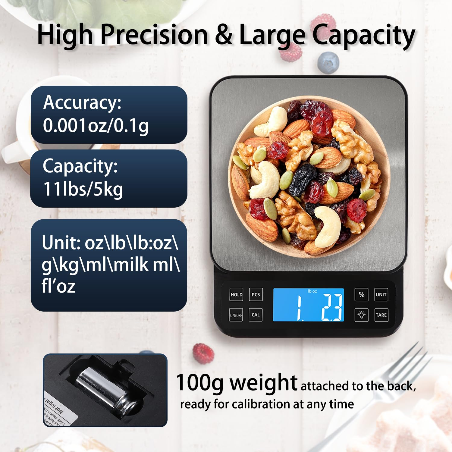 BOMATA Large Kitchen Scale with 0.1G/0.001Oz High Precision, Bakery Scale With% Percentage Function, Capacity 5Kg/11Lbs, USB Rechargeable, Full-View Angle LCD with Backlight, Stainless Steel Pan image number 2