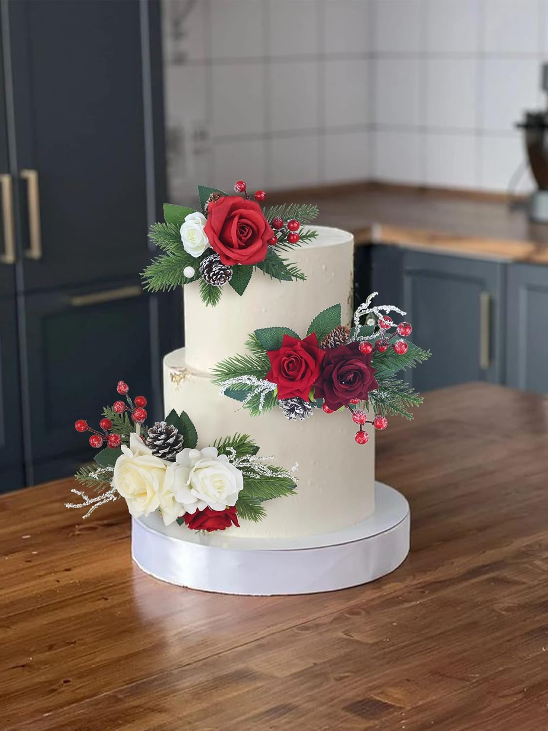 Rinlong 3Pcs Pre-Made Cake Topper Cake Decorating Flowers for Christmas Cake Decor Burgundy Xmas Cake Decorations for Wedding Baptism - Baby'S Breath  Eucalyptus image number 2