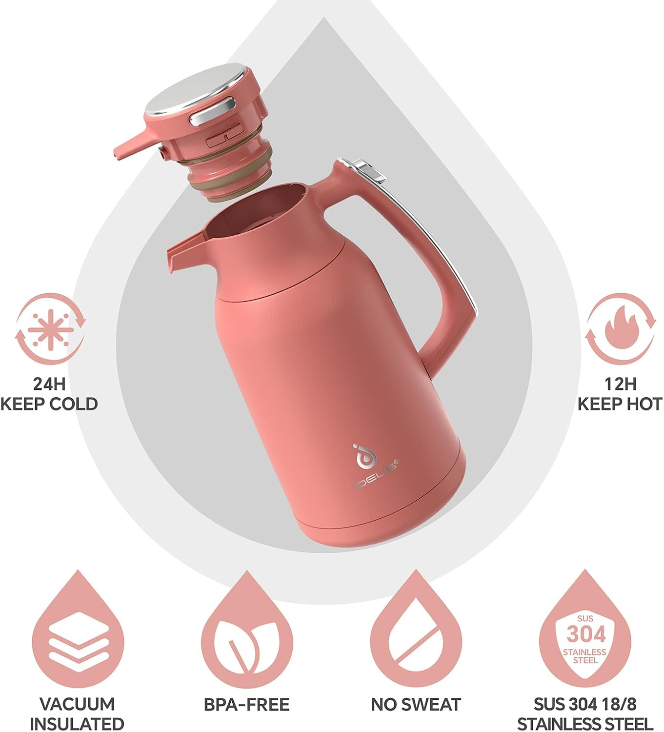 IDEUS Vacuum Insulated Coffee Carafe, 68 Oz (2 Liters) Stainless Steel Milk Jug Thermal Tea Pot Hot & Cold Water Beverage Dispenser (Coral) image number 1