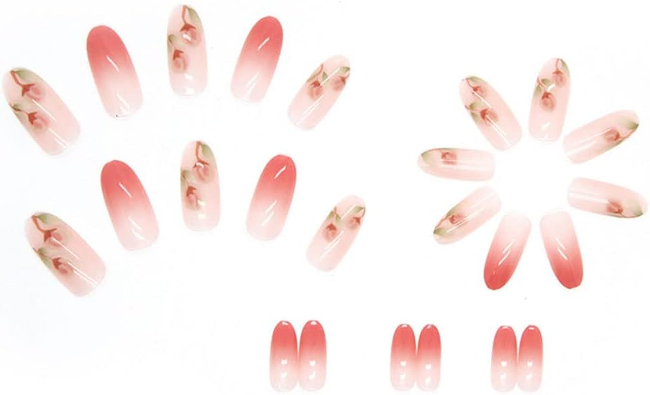 Rikview French Tip Press on Nails Medium Almond Nails 24 PCS Pink Flowers Design image number 5