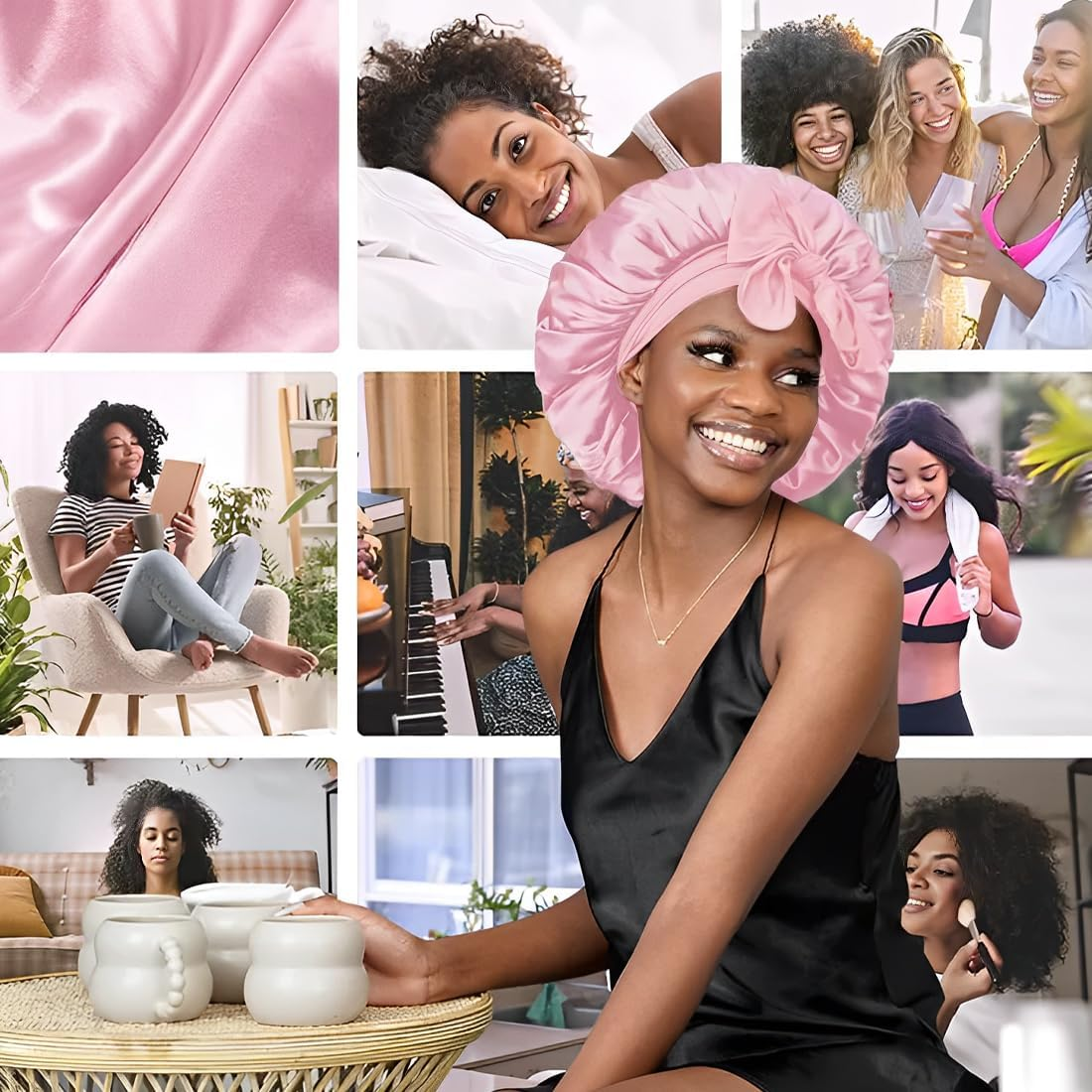 JAWUZ Silk Bonnet for Sleeping, with Nastri Regolabili, Satin Hair Bonnet Raso per Donna Ragazza (Pink) image number 1