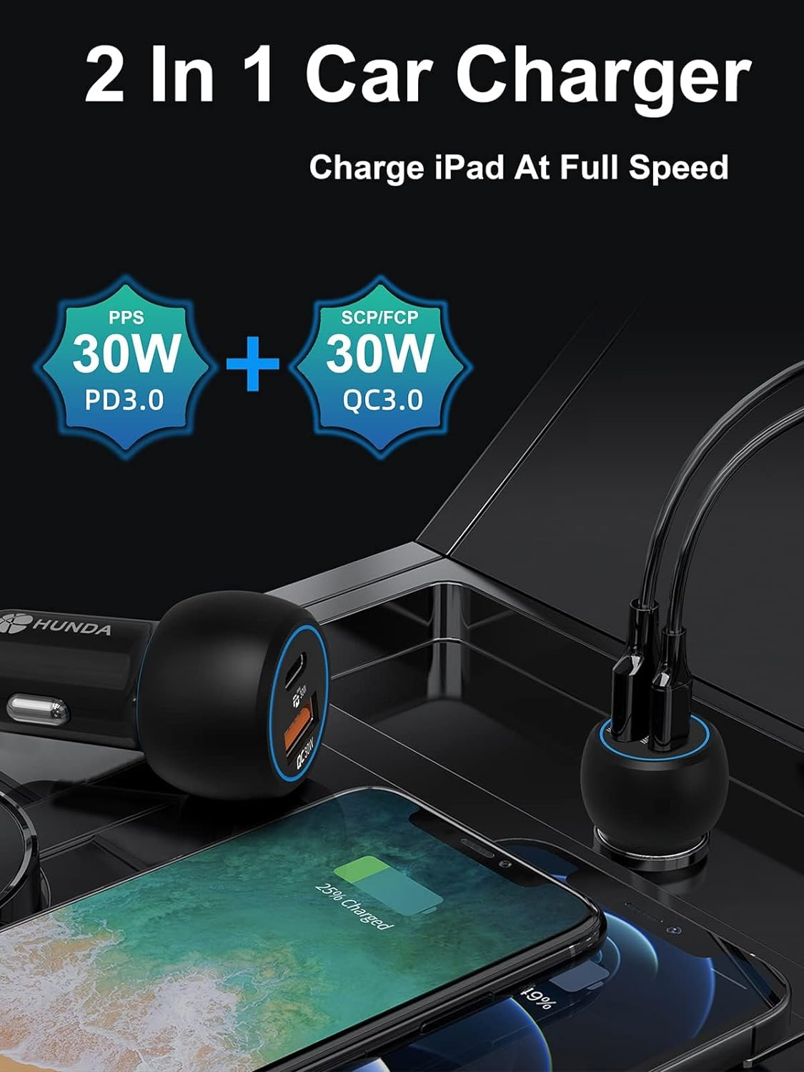 USB C Car Charger, Total 60W Car USB Charger 2 Port Fast Charge [30W PD&30W QC3.0], Flush Fit Fast Car Charger Adapter Compatible with Iphone 14/13/12/11, Galaxy, Pixel, Tablet and More image number 6