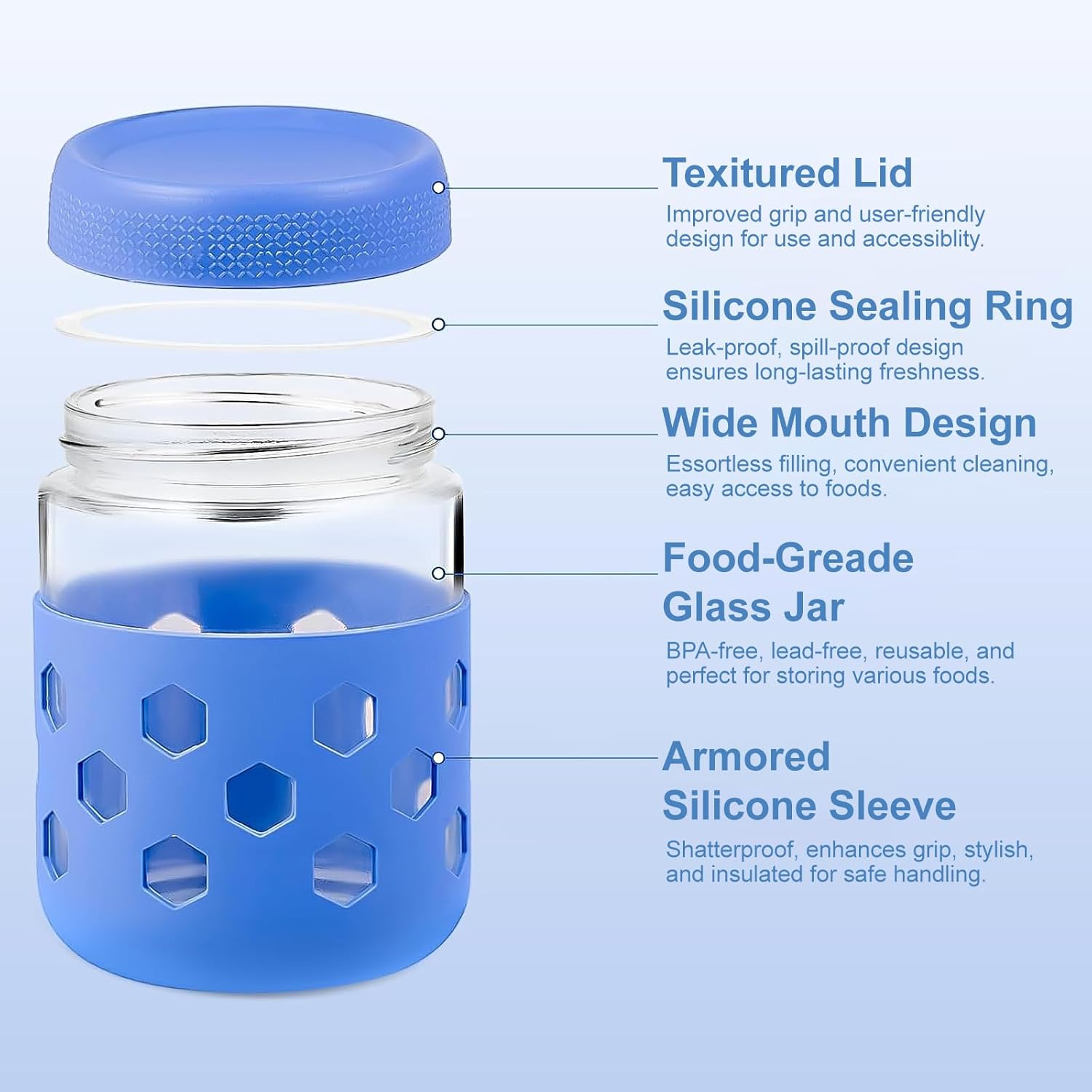 6 Pack Overnight Oats Container Jar with Lid & Silicone Sleeves, Wide Mouth Mason Jar, Airtight Bpa-Free, Dishwasher Safe, Glass Jars for Salad, Spice, Snacks, Dressing Sauce(480 ML/16 Oz) image number 6