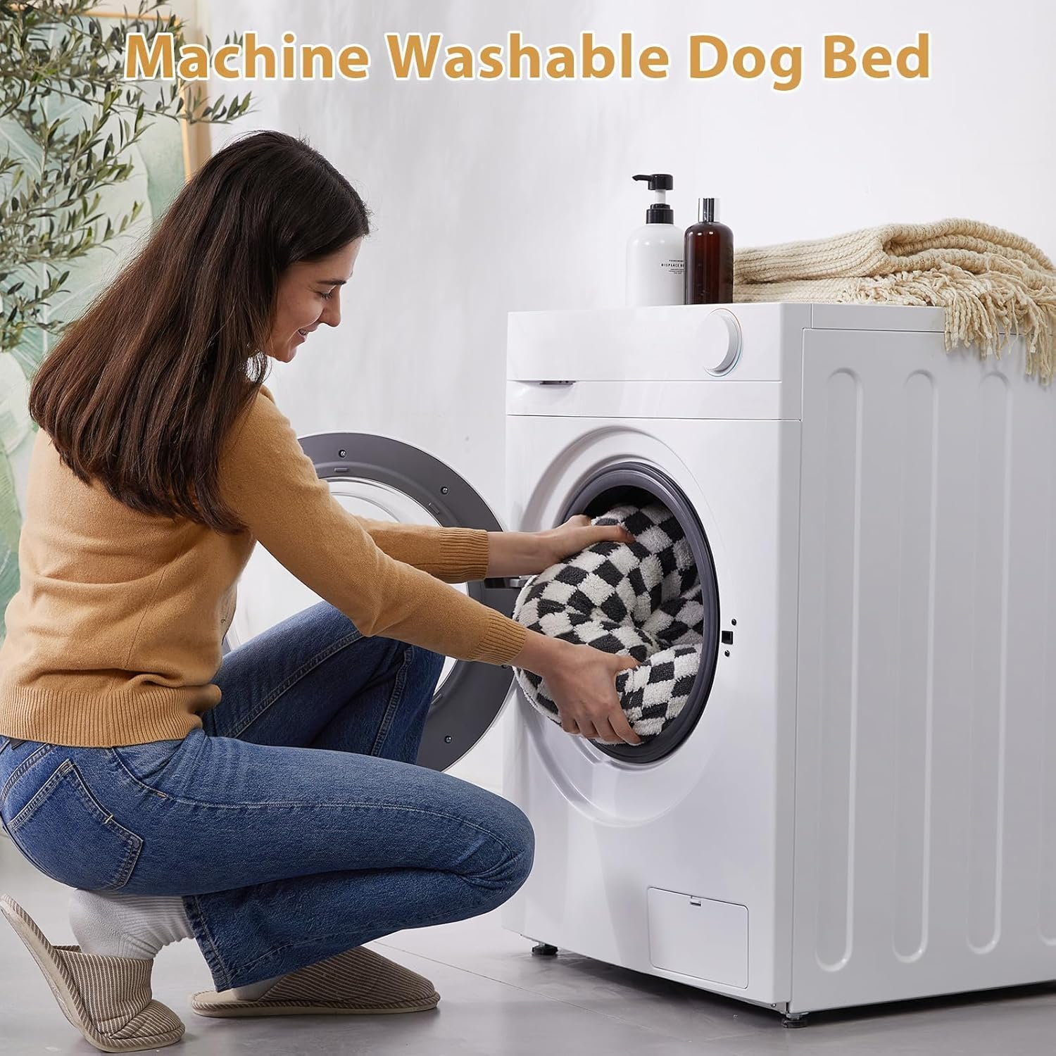 Calming Dog Bed, Dog Beds for Small Dogs, Fluffy Donut Dog and Cat Bed Washable, Cute Pet Beds for Indoor with Jacquard Shaggy Plush, round anti Anxiety Small Dog Bed with Non Slip Bottom (Khaki) - Blue image number 4