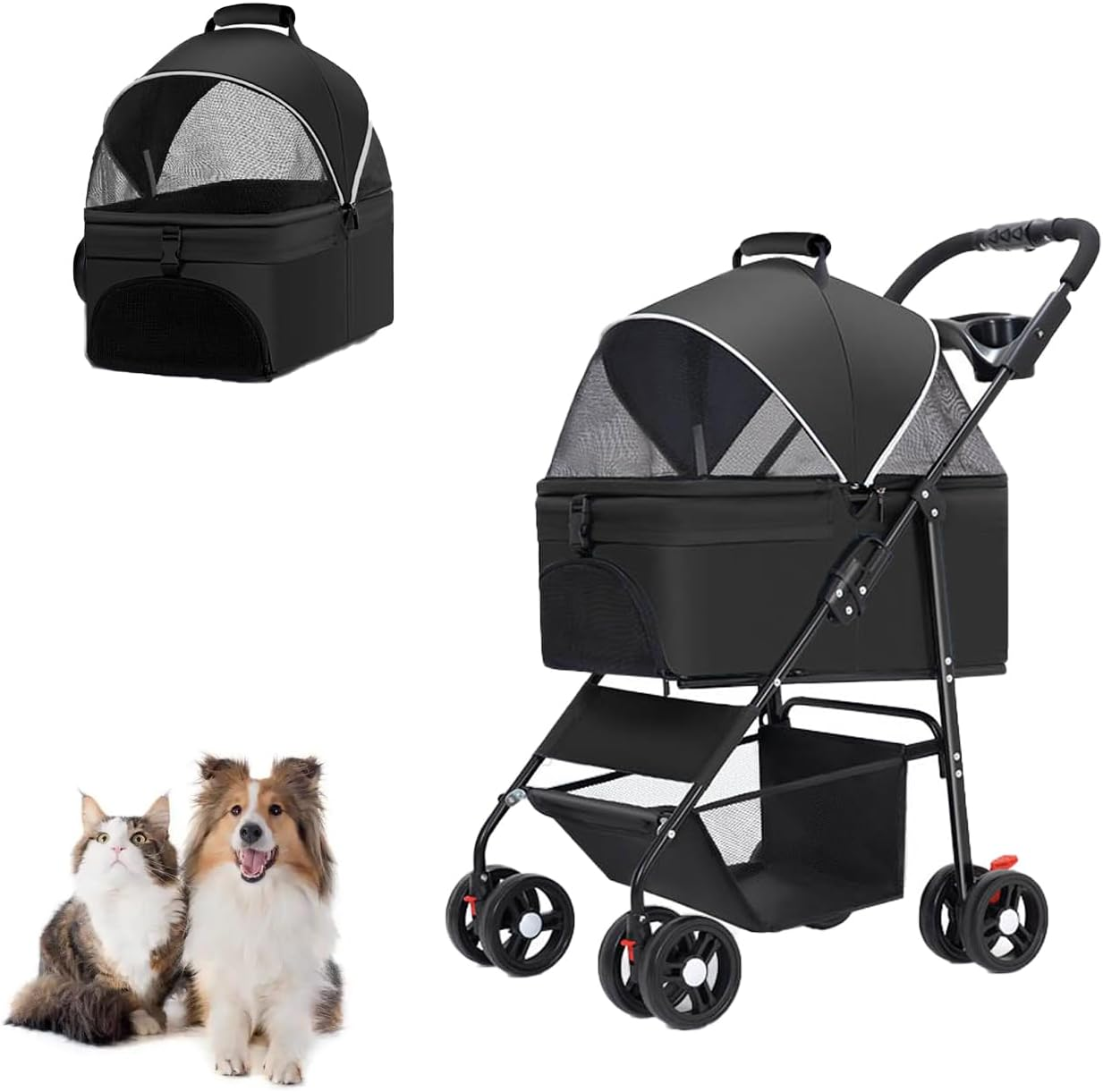 MINYII Pet Stroller Premium 3-In-1 Multifunction Jogger Stroller for Medium Small Dogs Cats Folding Lightweight for Travel with Detachable Carrier,98X65X45Cm Portable Pet Stroller for Injured Pet Gift (Black)