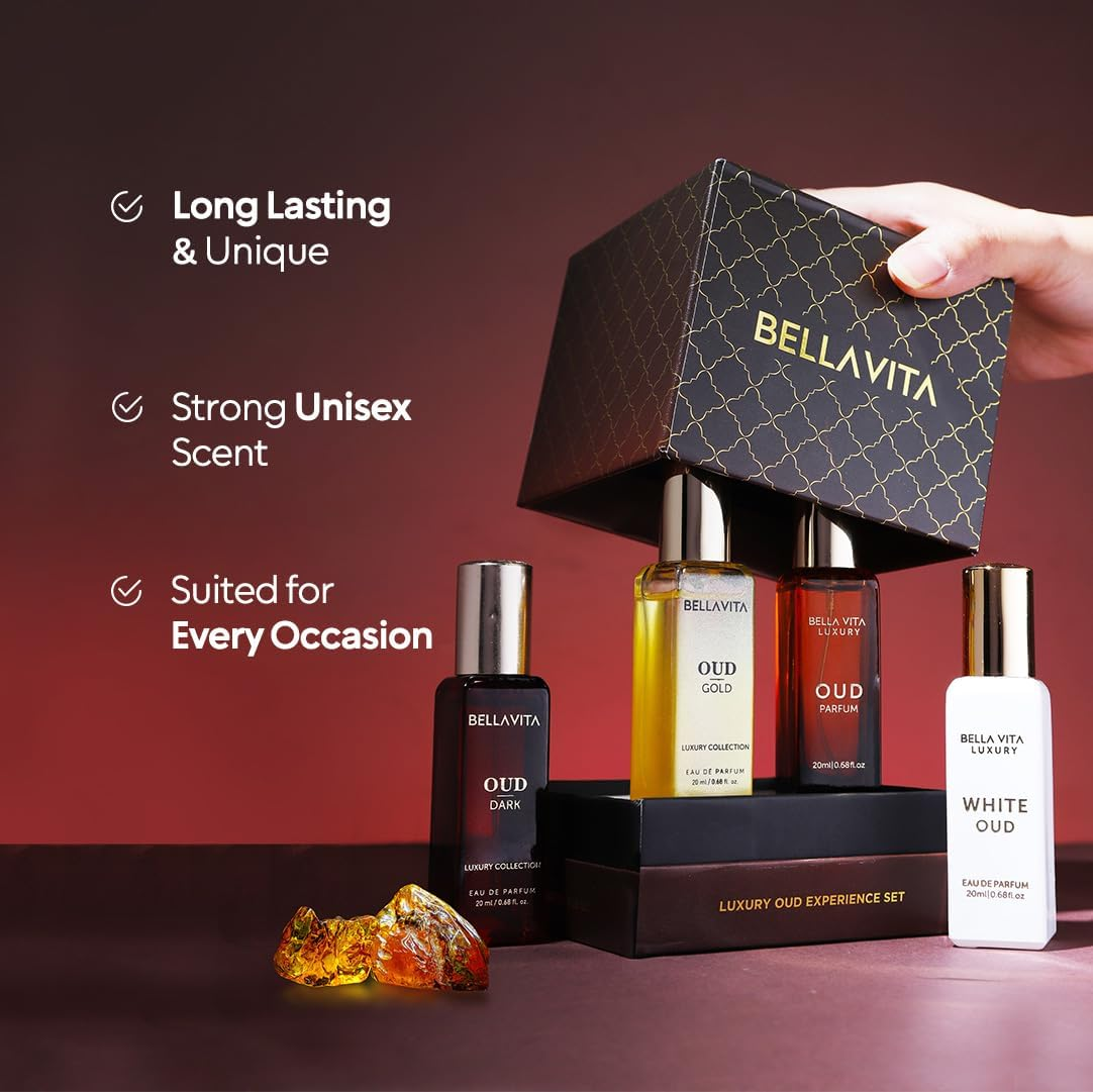 Bellavita Luxury OUD Gift Set (4X20 Ml) | Mens Arabian Parfum Gold, Dark, White & OUD | Travel Size Perfume for Men Gifts for Mens Cologne | Embrace Mans Cologne | Perfumes for Women and Men