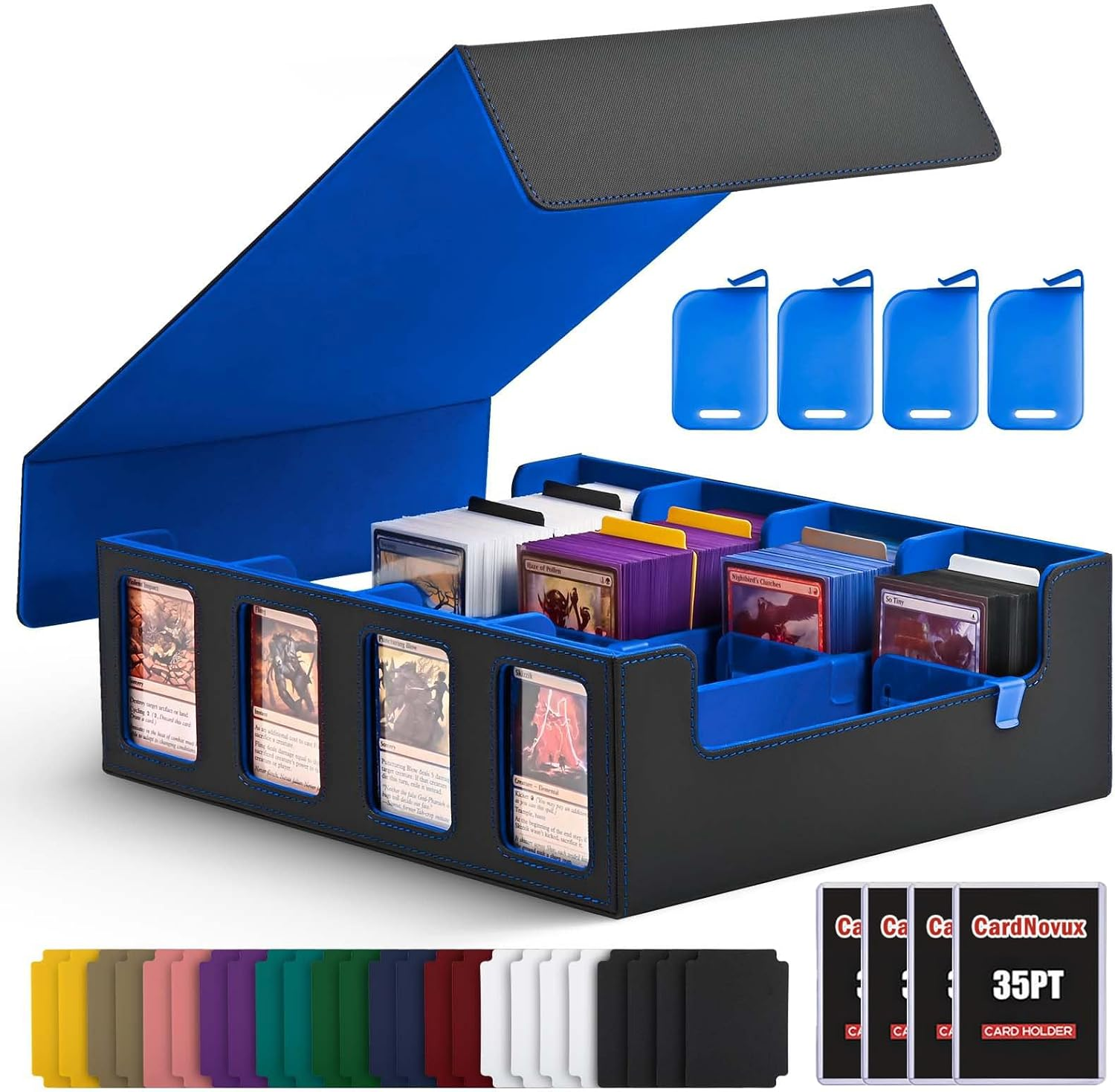 Cardnovux Trading Card Storage Box with Commander Display; 2400+ Deck Box for MTG with Removable Cover; Toploader Card Case Fits Magic TCG PTCG Sports Cards; 24 Dividers, 4 Stoppers (Black & Grey)