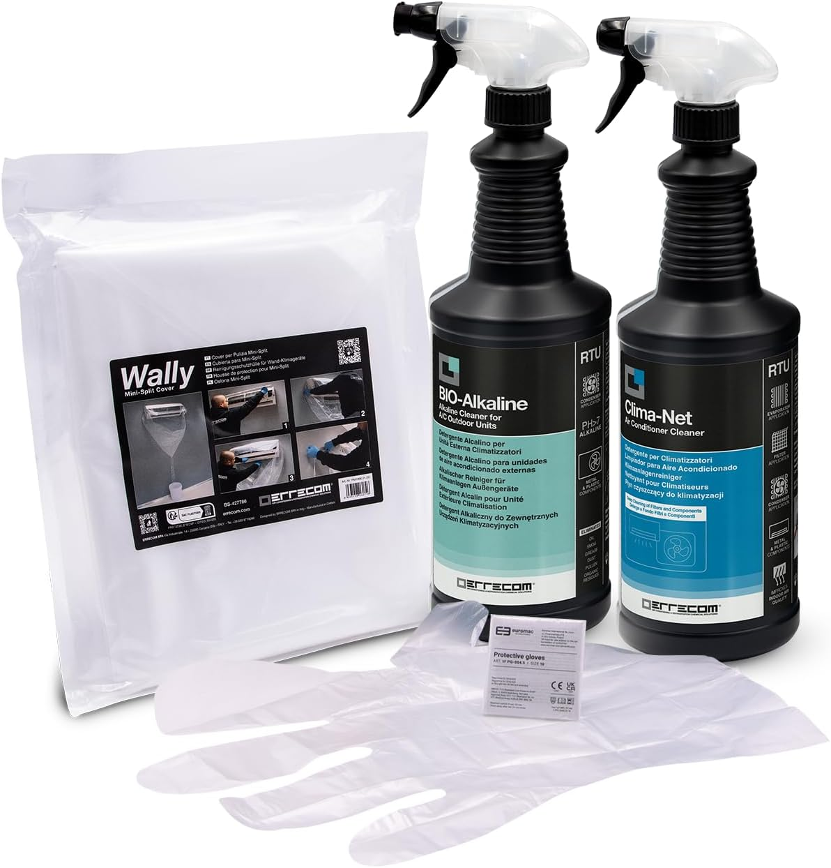 ERRECOM Cleaning Kit for A/C Condensers with Biodegradable Surfactants, Includes 1 L Bottle of Acid Cleaner Bio-Acid, 1 L Bottle of Alkaline Cleaner Bio-Alkaline and Disposable Gloves