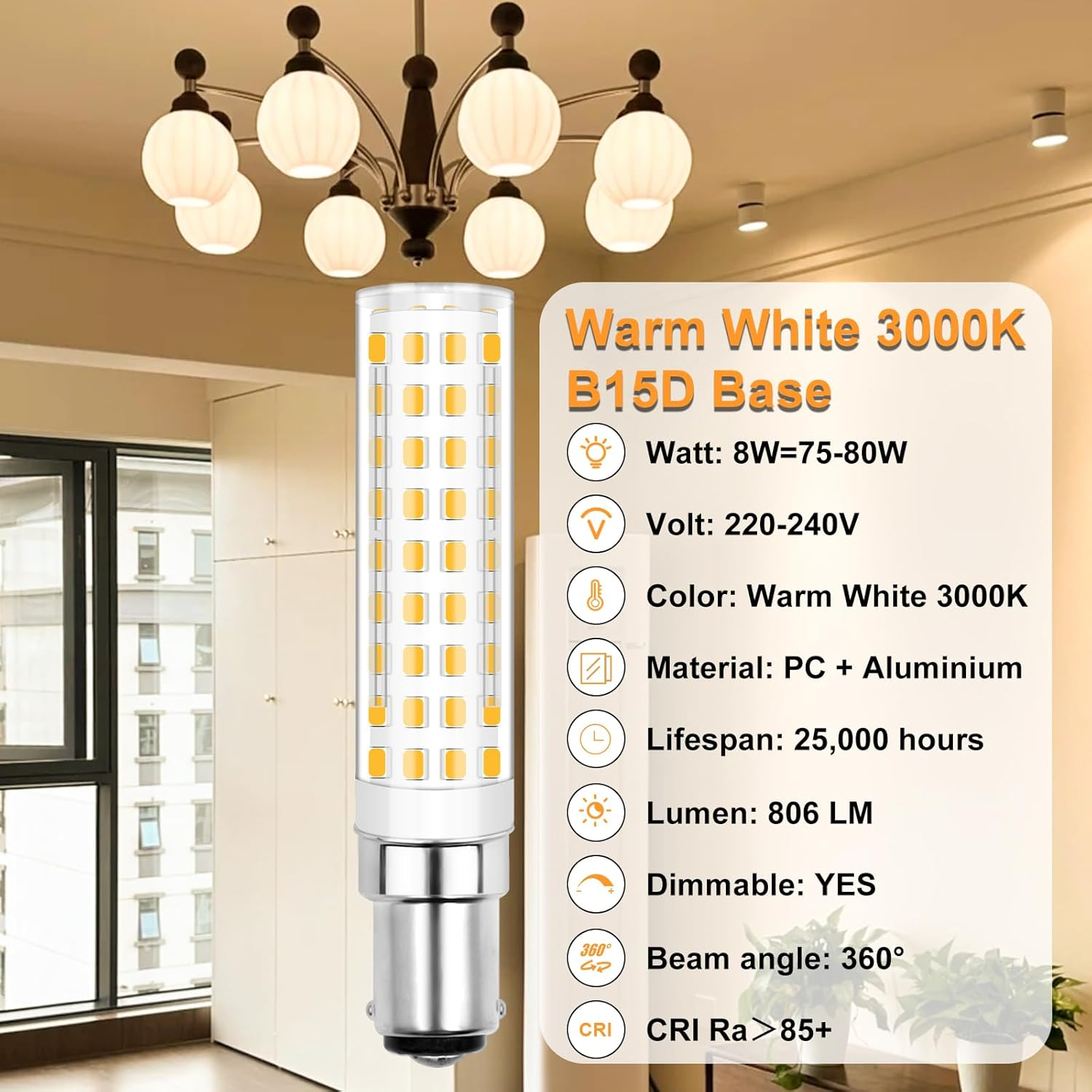 B15D LED 8W Dimmable Replacement for Osram Halolux Ceram 75W B15D Halogen Bulb 80W 806 Lumen B15 Warm White 3000K Bayonet Cap Corn Cob 360&deg; Beam Angle for Bedroom Living Room Pack of 2 image number 2