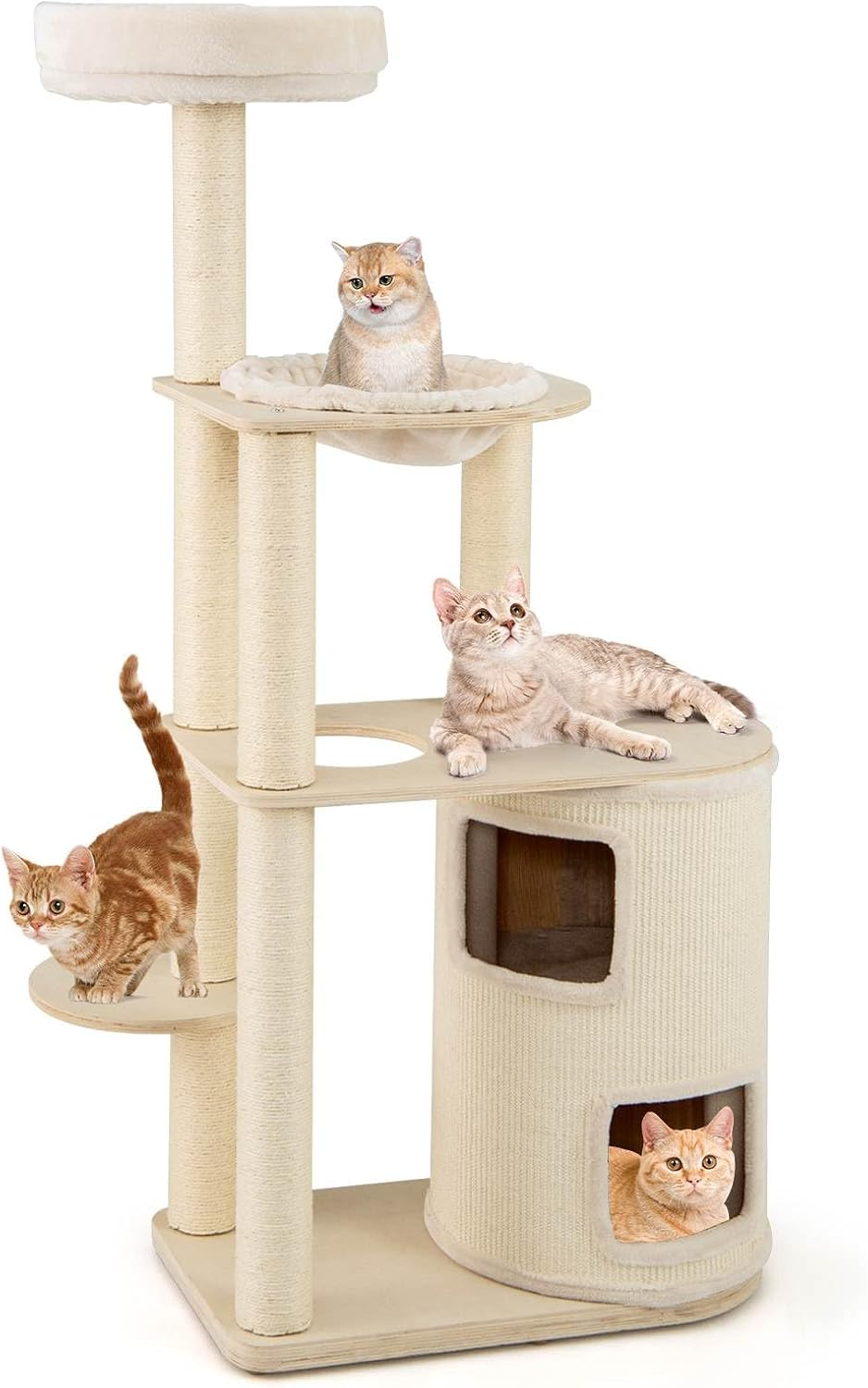 Costway 151 Cm Tall Cat Tree, Wooden Cat Tower W/ 2-Story Condo, Sisal Scratching Posts & Mat, Perch, Hammock, Washable Plush Cushion, Multi-Layer Kitten Activity Center, Modern Indoor Cat Furniture image number 4