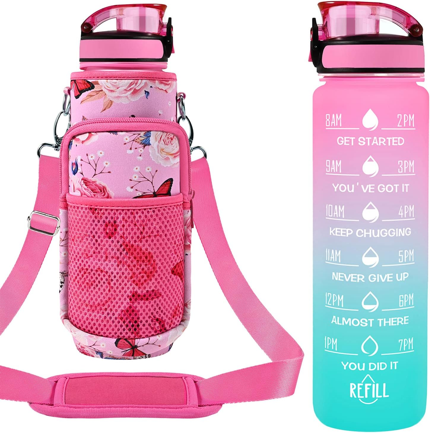 32 Oz Water Bottles with Straw & Strap, Motivational Water Bottles with Times to Drink, BPA Free Reusable Sports Water Bottle with Sleeve Carrier for Gym, Workout or Fitness (Pink Peach)