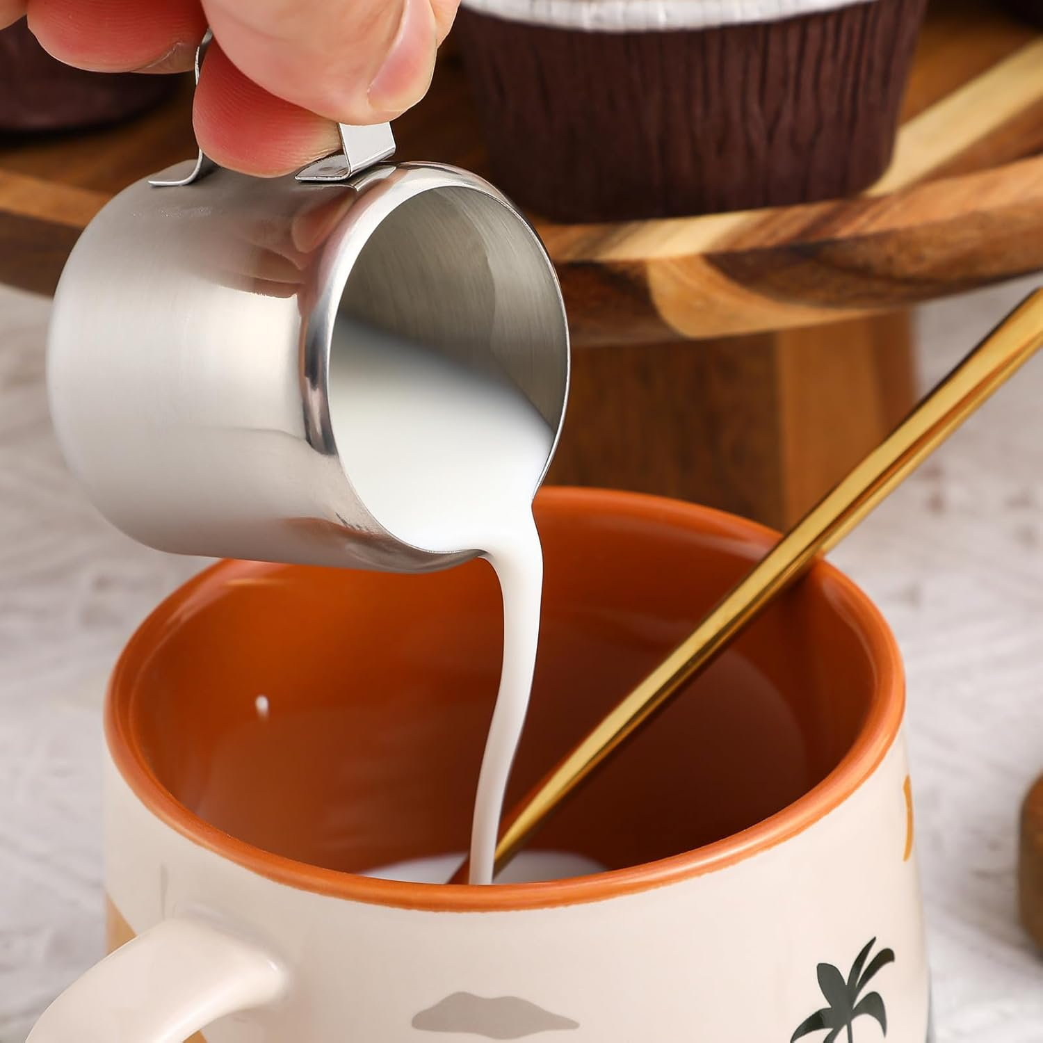 EXHUMKY 2Pcs Stainless Steel Milk Pitcher Cups 60Ml Foaming Jug Coffee Frothing Pitchers for Espresso Latte Art and Sauce Serving in Kitchen image number 3