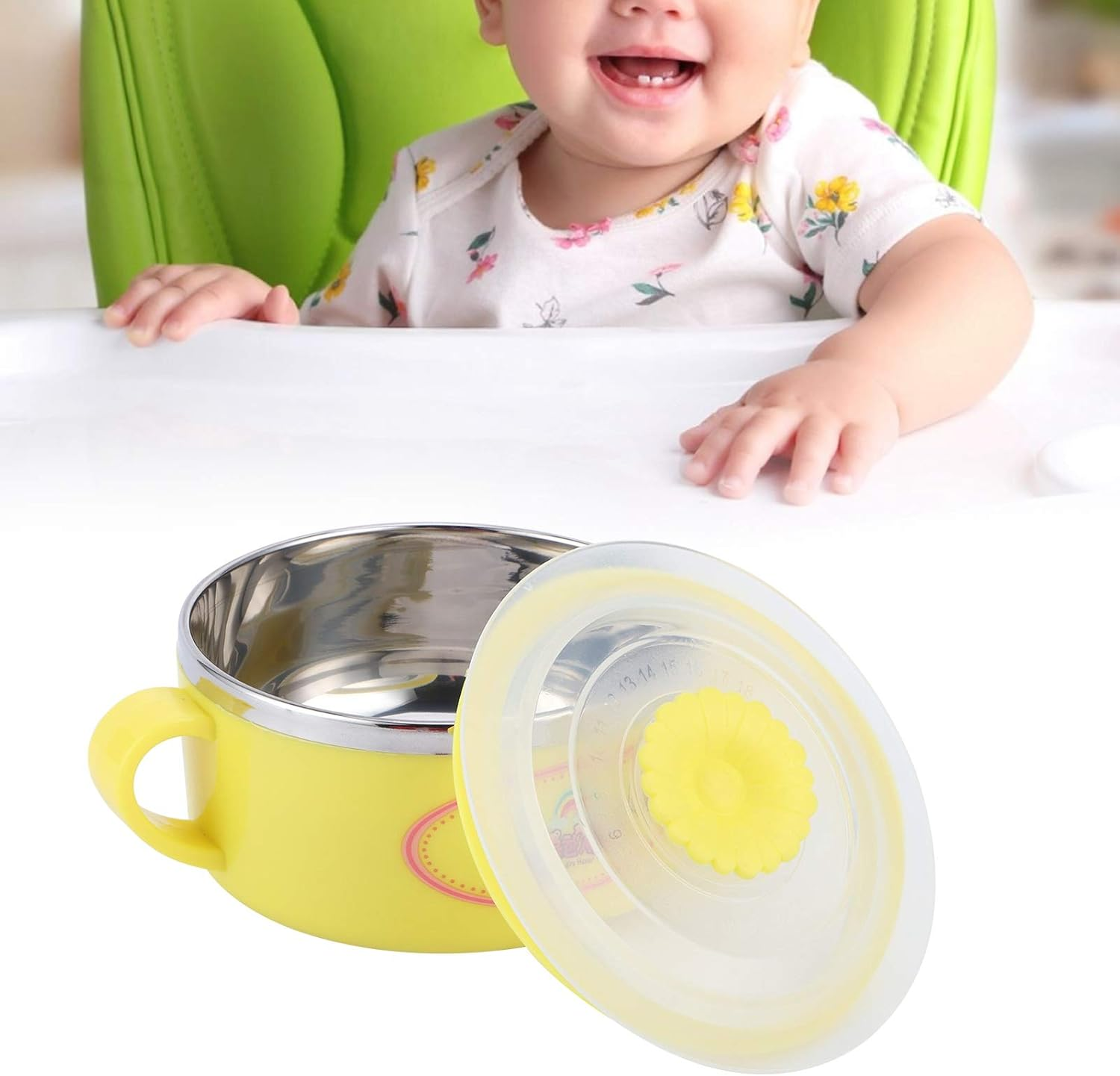 Children Cartoon Stainless Steel Feeding Bowl Heat Insulation Baby Rice Bowl Kids Kitchen Utensils (Yellow) image number 3