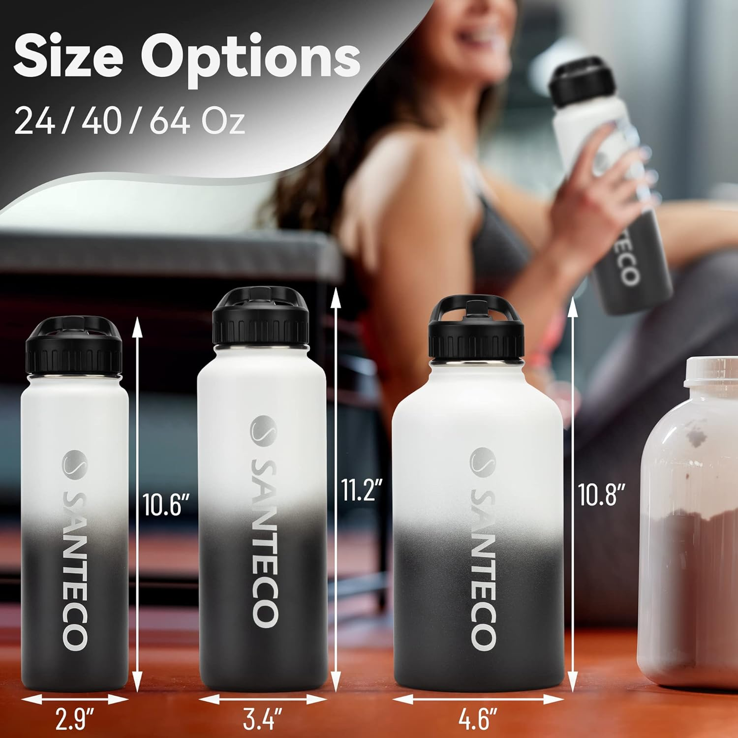 SANTECO Insulated Water Bottle with Straw 64 Oz Stainless Steel Leak-Proof 2 Liters Thermos Flask with Handle Lid Large Capacity Sport,Hiking,Gym-White Black image number 1