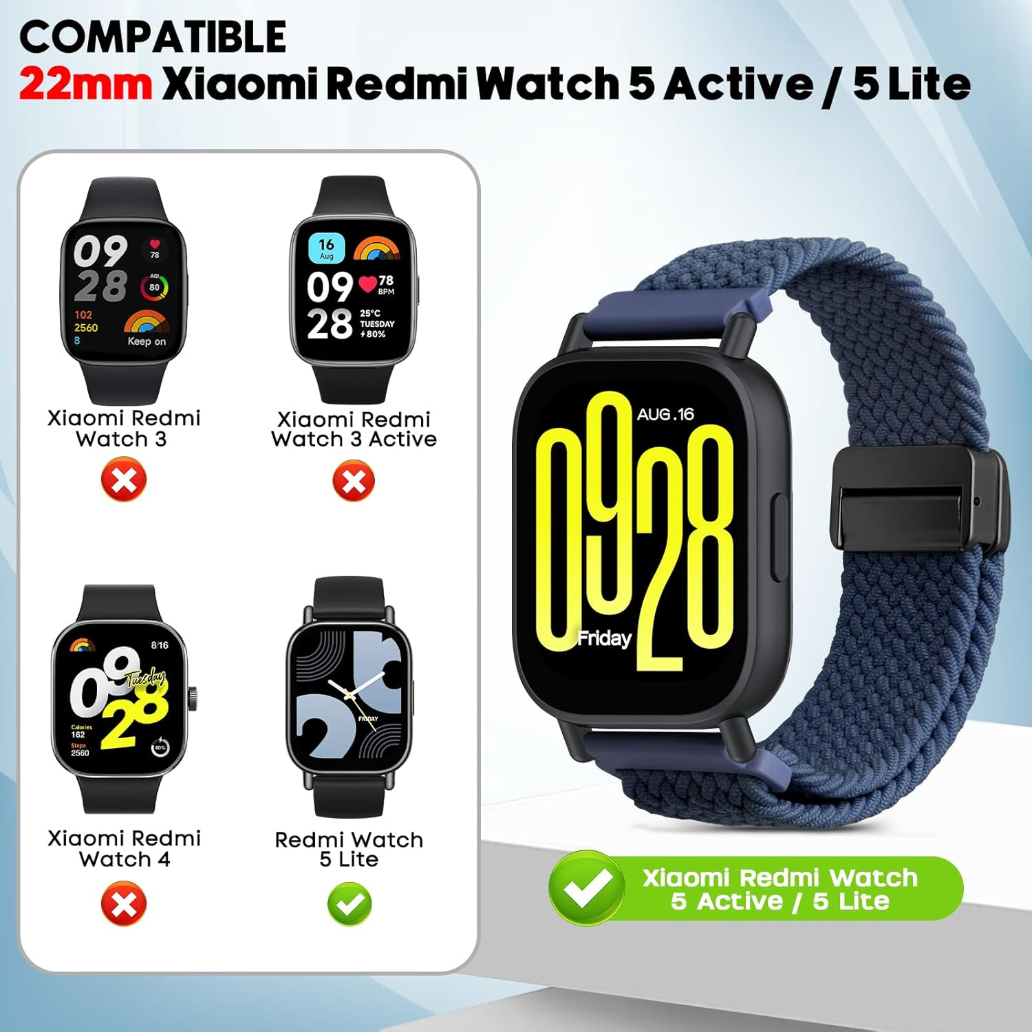 CHANRASI 22 Mm Braided Bracelet Compatible with Xiaomi Redmi Watch 5 Active/5 Lite, Elastic Nylon Bracelets with Magnetic Closure for Xiaomi Redmi Watch 5 Active/5 Lite, Black