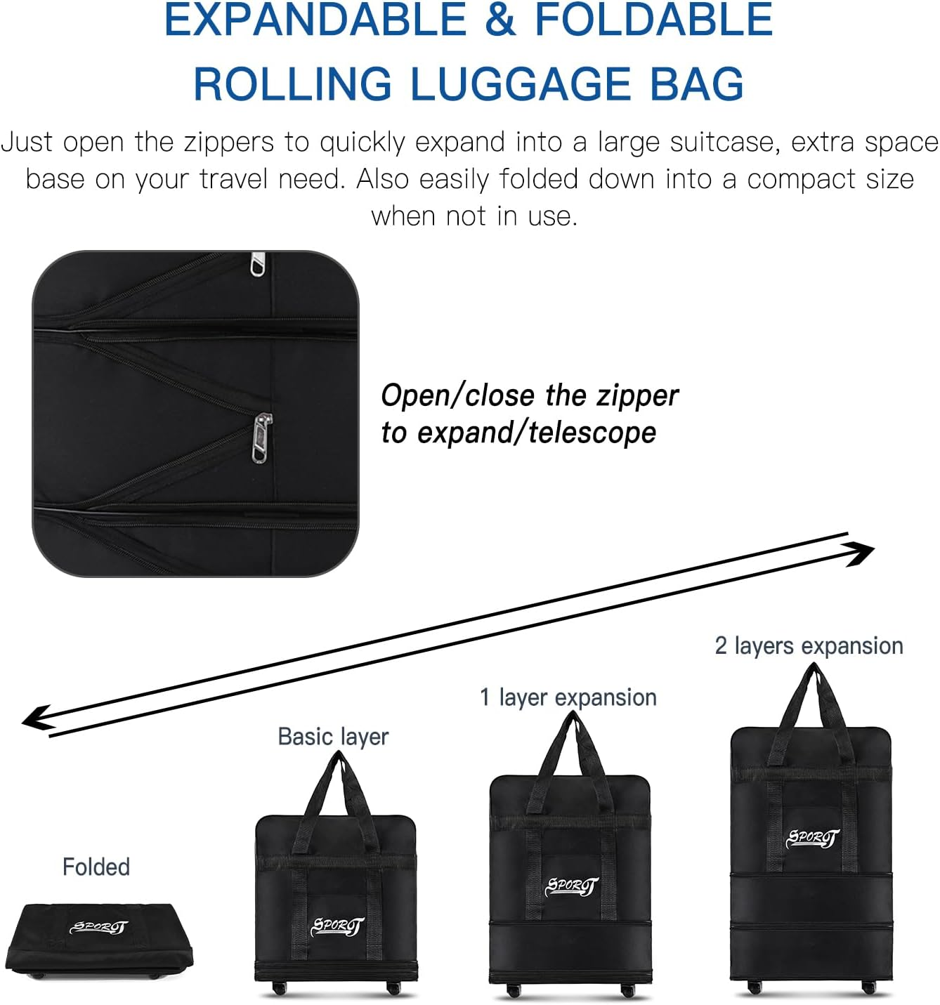 Walmeck Expandable Foldable Suitcase Collapsible Rolling Travel Luggage Bag for Men Women L