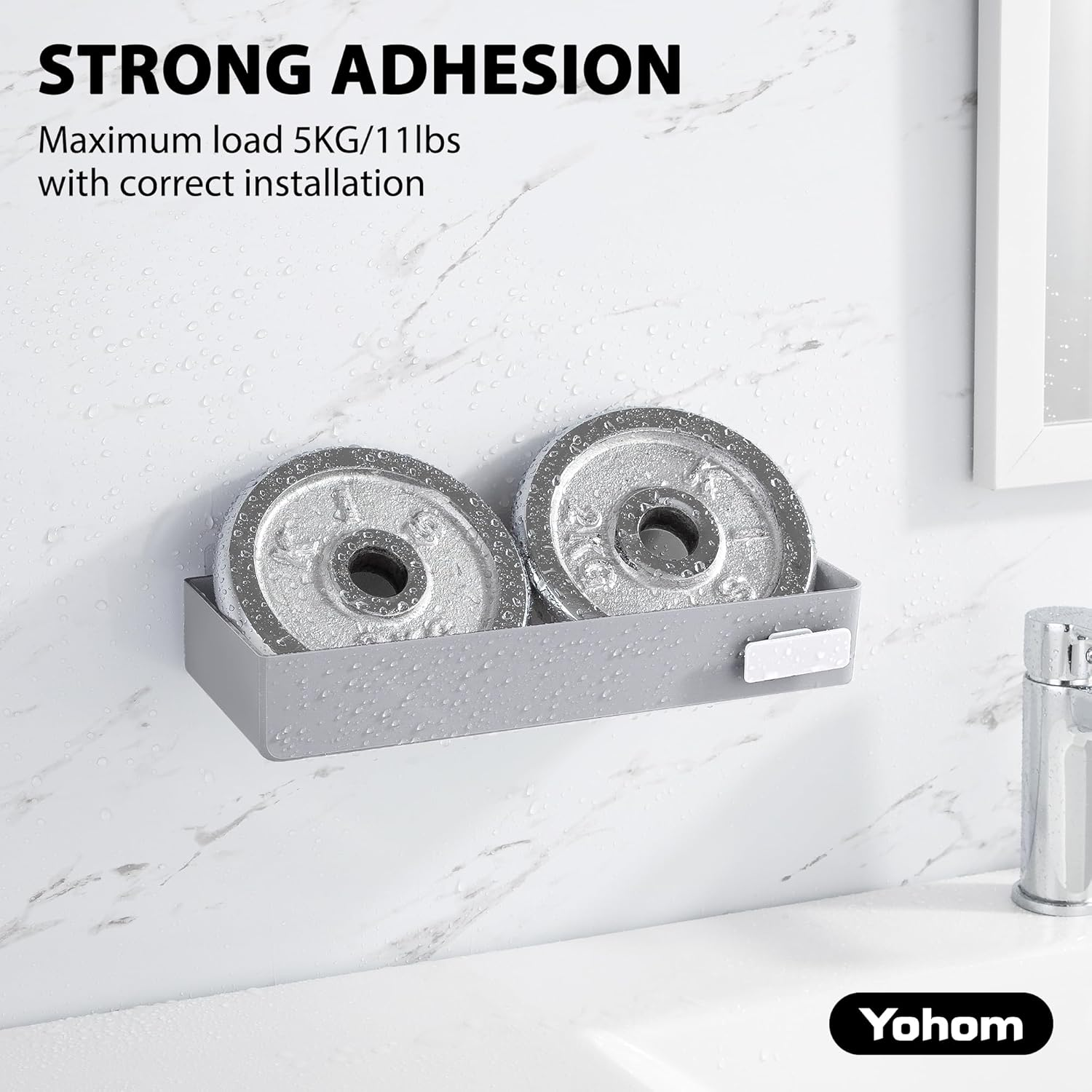 YOHOM Shower Caddy Adhesive Bathroom Shelf for Tile Wall Stick on Shower Shelf No Drilling White Shampoo Holder Organizer with Hook, Gray image number 6