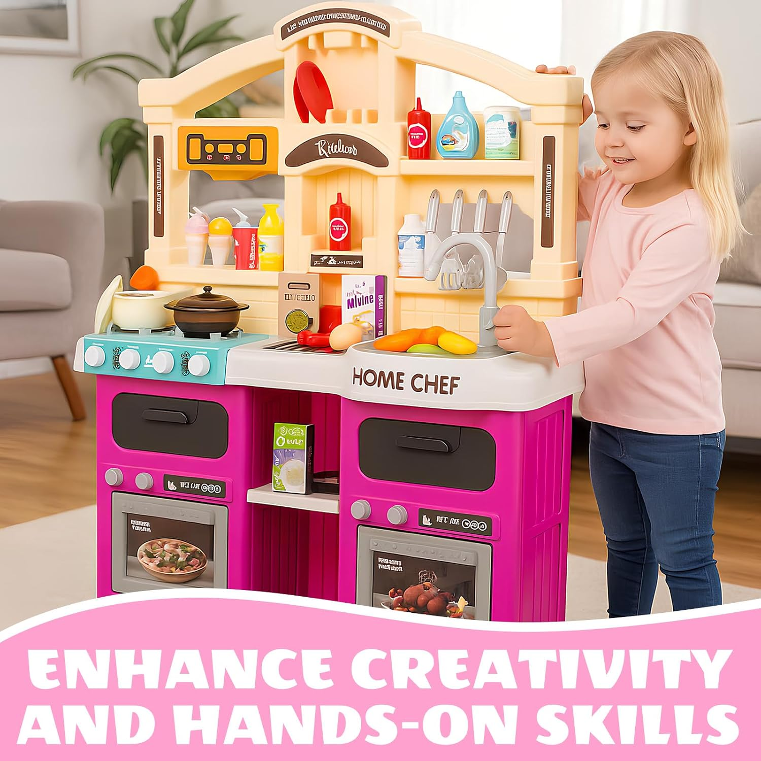 Kids Kitchen Playset with Multiple Accessories, Play Food with Realistic Sound & Light, Cooking Stove with Simulated Steam, Play Kitchen Toy,Kitchen Toy Accessories,Pretend Play Toys for Kids (Purple) image number 6