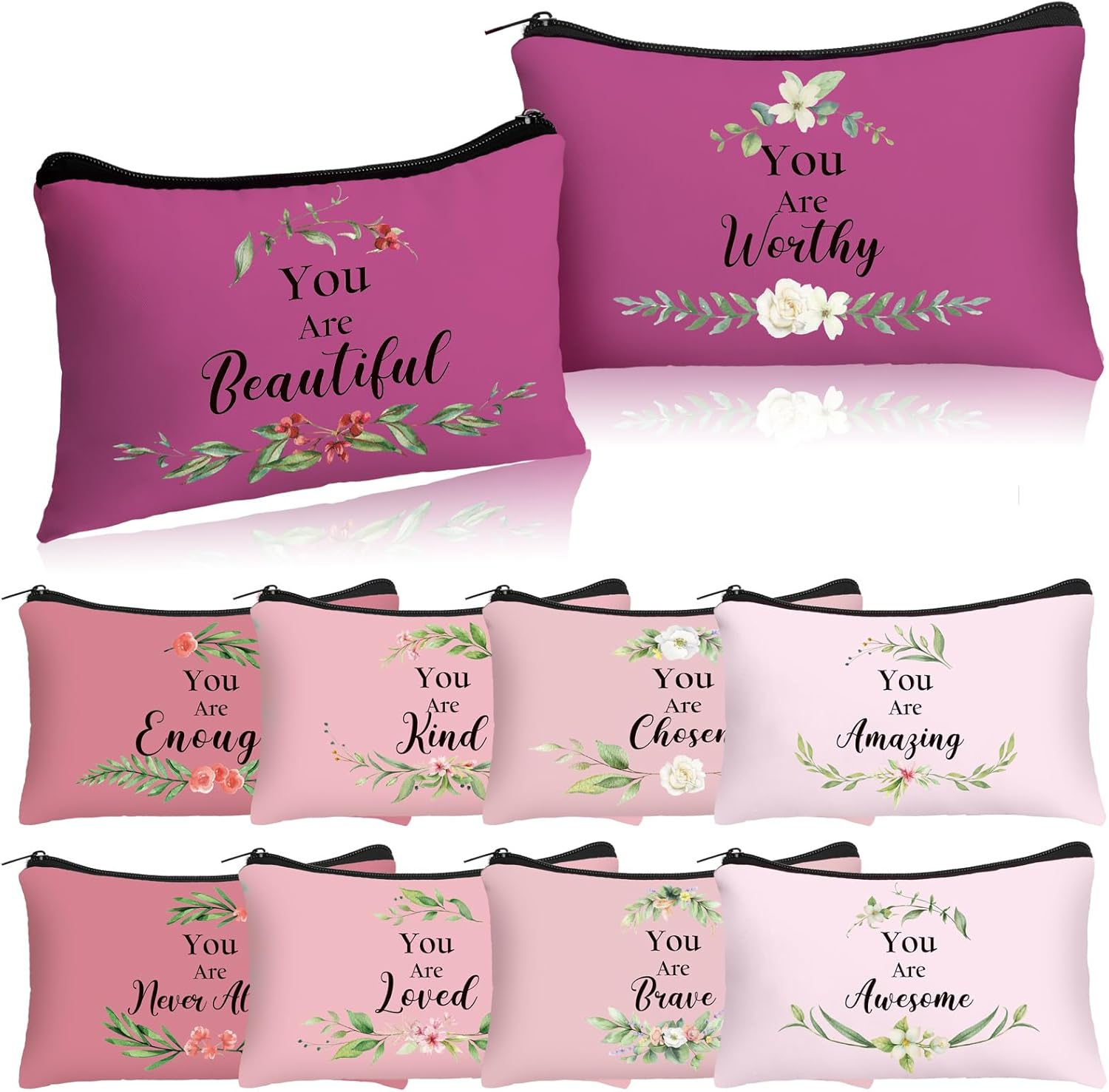 Hillban 10 Pcs Inspirational Makeup Bags for Women Bulk Cosmetic Bags Christian Bible Verse Cosmetic Pouch for Valentine'S Day Galentine'S Day Gift Religious Church Travel Pouch(Flower,Purple) - Beige image number 5