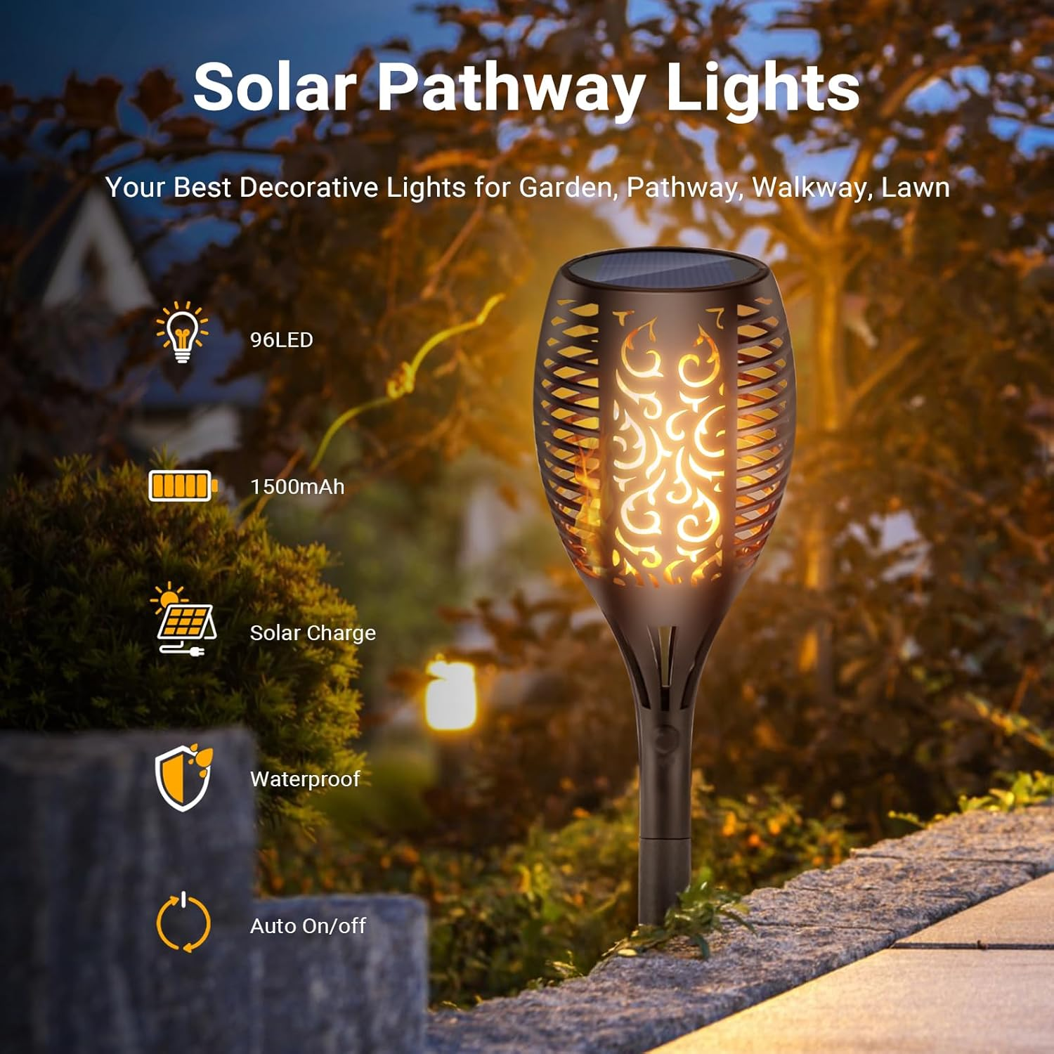 Xmart 96 LED Solar Lights Outdoor Upgraded 4 Pack, Super Larger Size, IP65 Waterproof Solar Torch Light with Flickering Flame, Solar Tiki Torches Decoration Lights, for Path Yard Garden