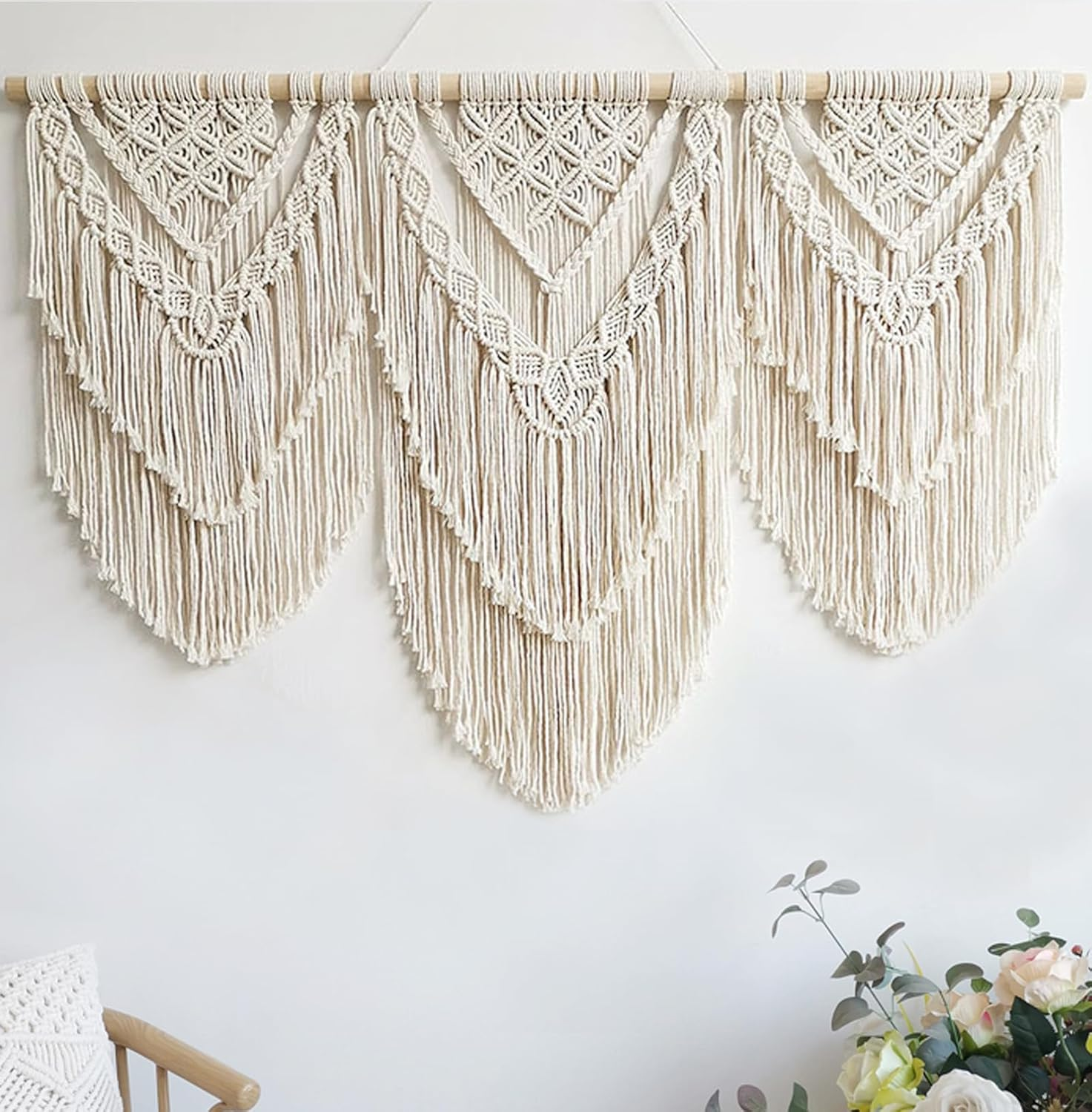 Achart Macrame Wall Hanging Large- Boho Wall Decor- Large Wall Art- Wall Decor Living Room- Macrame Tapestry Boho Decor for Bedroom (Beige-H) - Beige-Flower image number 5