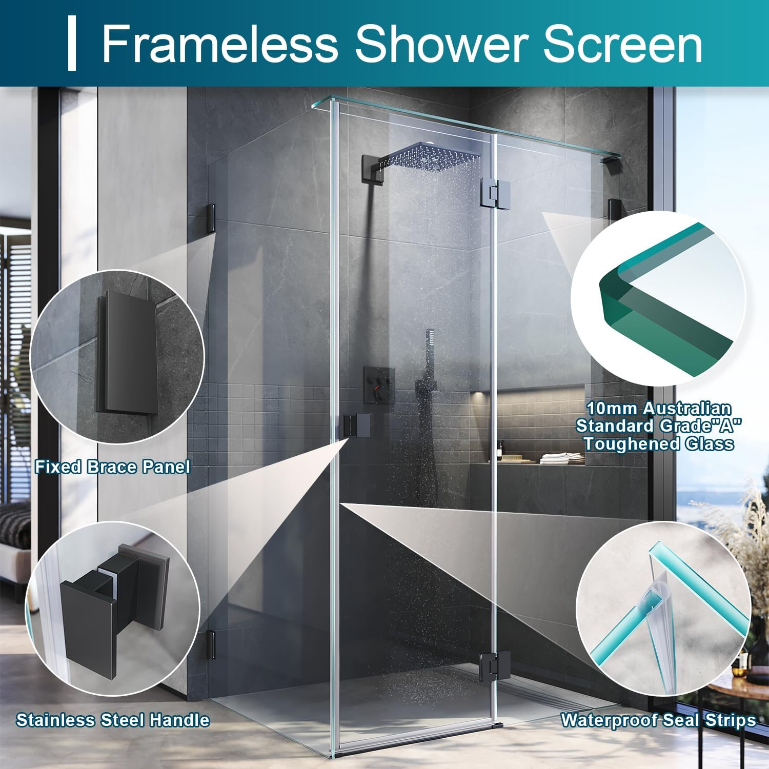 ELEGANT Frameless Shower Screen Pivot Shower Door 10Mm Tempered Glass Shower Enclosure Corner Shower Cubicle, 900X1950Mm image number 4