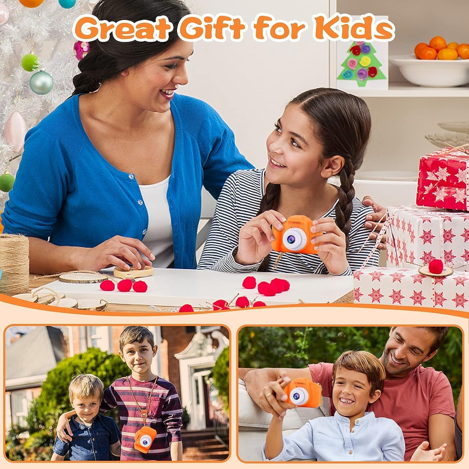 Seckton Kids Selfie Camera, Christmas Birthday Gifts for Girls&Boys Age 3-9, HD Digital Video Cameras for Toddler, Portable Toy for 3 4 5 6 7 8 Year Old Girls&Boys with 32GB SD Card (Orange-Yellow) image number 2