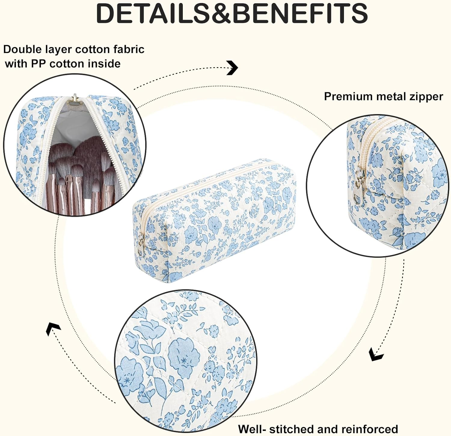 WHHJM Cute Floral Makeup Brush Bag Small Cotton Quilted Cosmetic Bag for Women Travel Toiletry Zipper Make up Pouch, Blue Floral - Blue Bowknot Rose image number 4