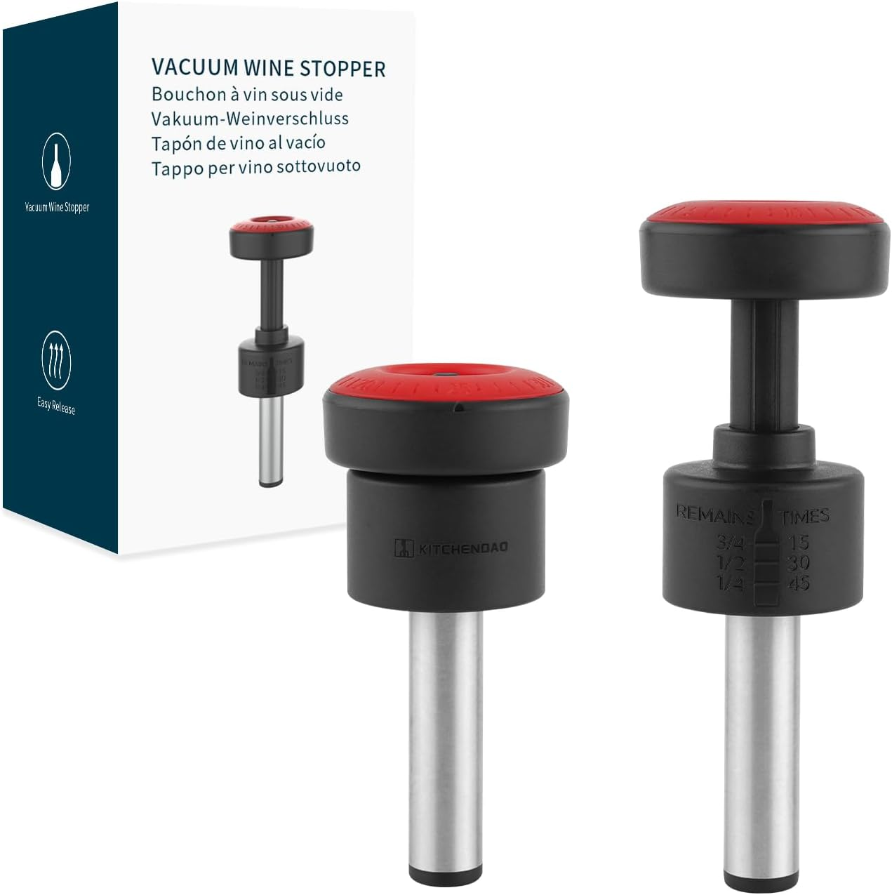 KITCHENDAO 2-In-1 Vacuum Wine Stopper, Built-In Wine Saver Pump with Date Marker, Reusable Wine Preserver, Wine Sealer Corks to Keep Fresh, Easy to Release, Set of 2 image number 1